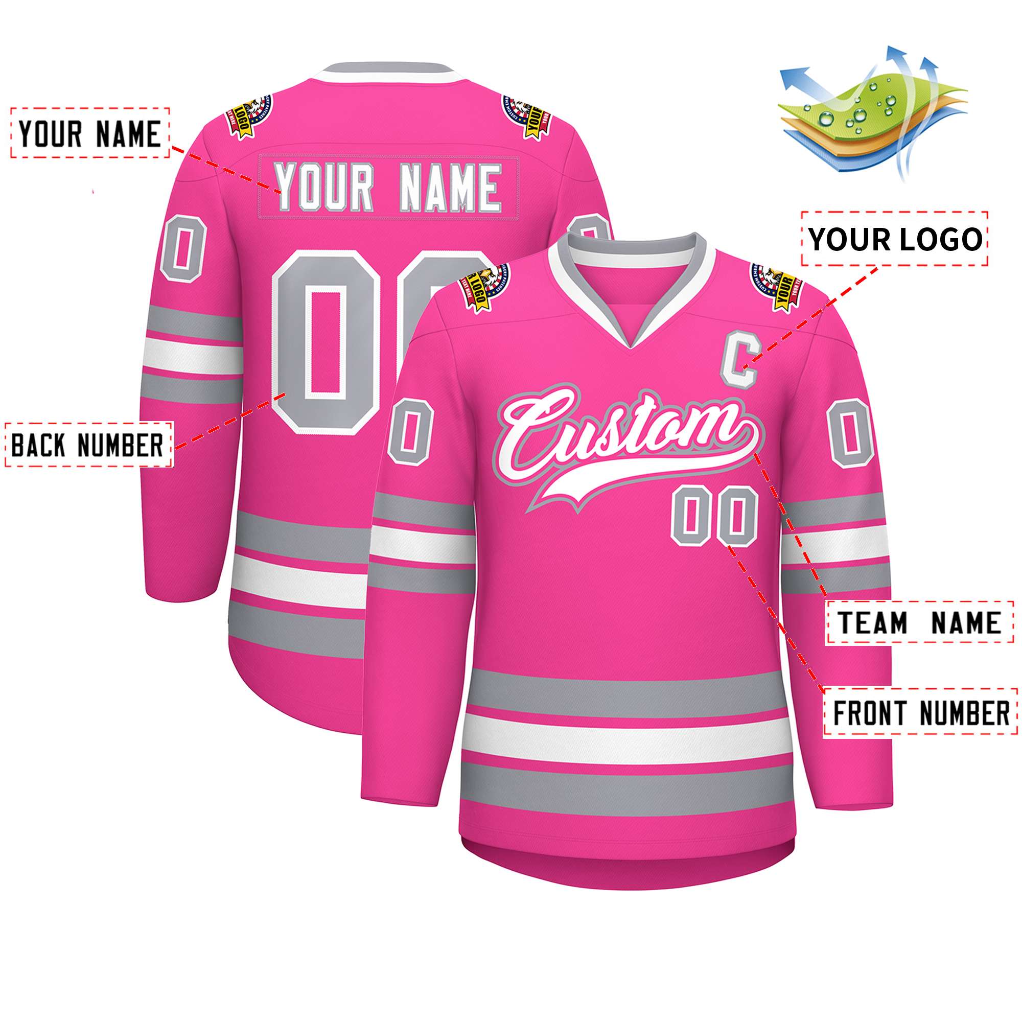 Custom Black Hockey Jersey Light Blue-Pink - FansIdea