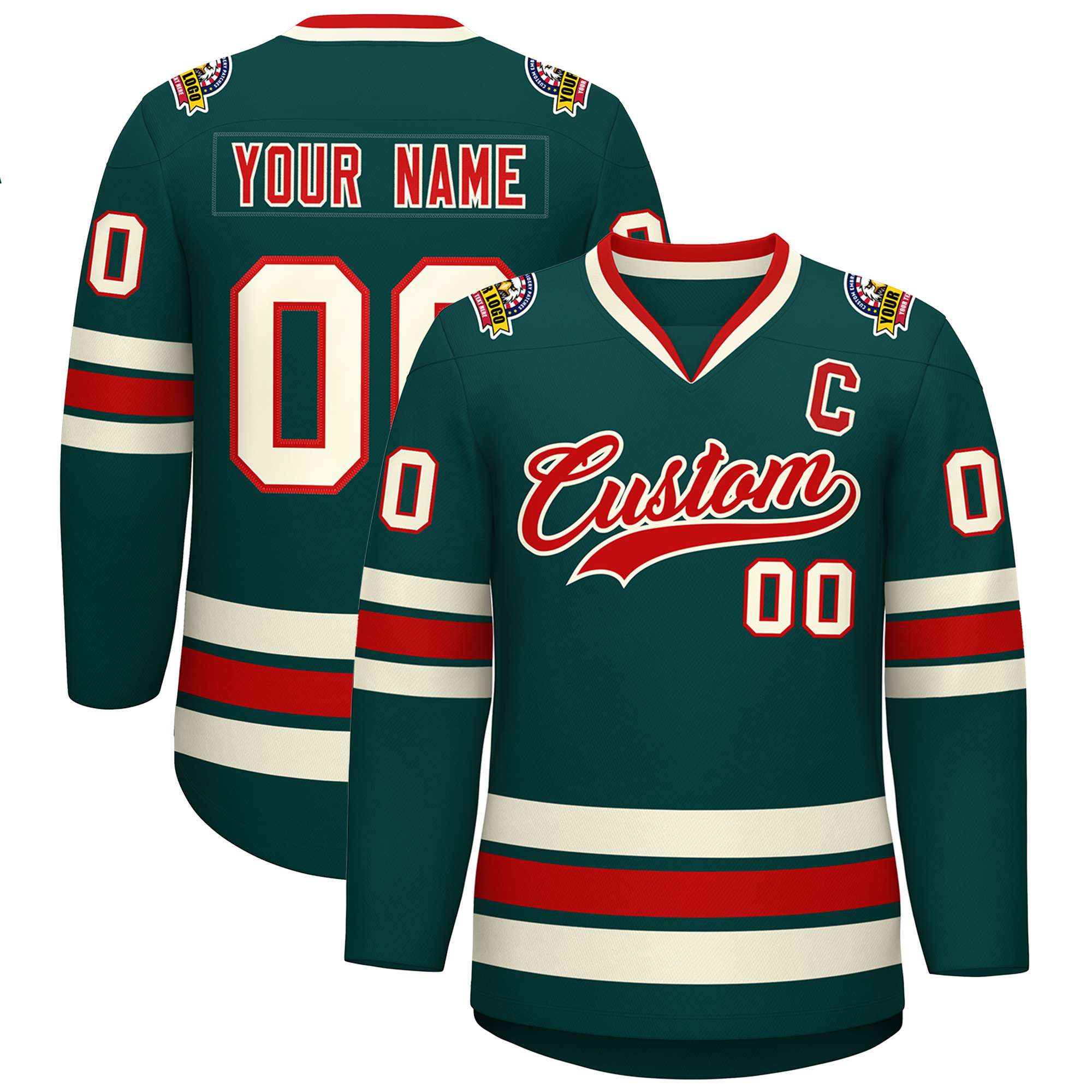 Custom Midnight Green Red-Khaki Classic Style Hockey Jersey