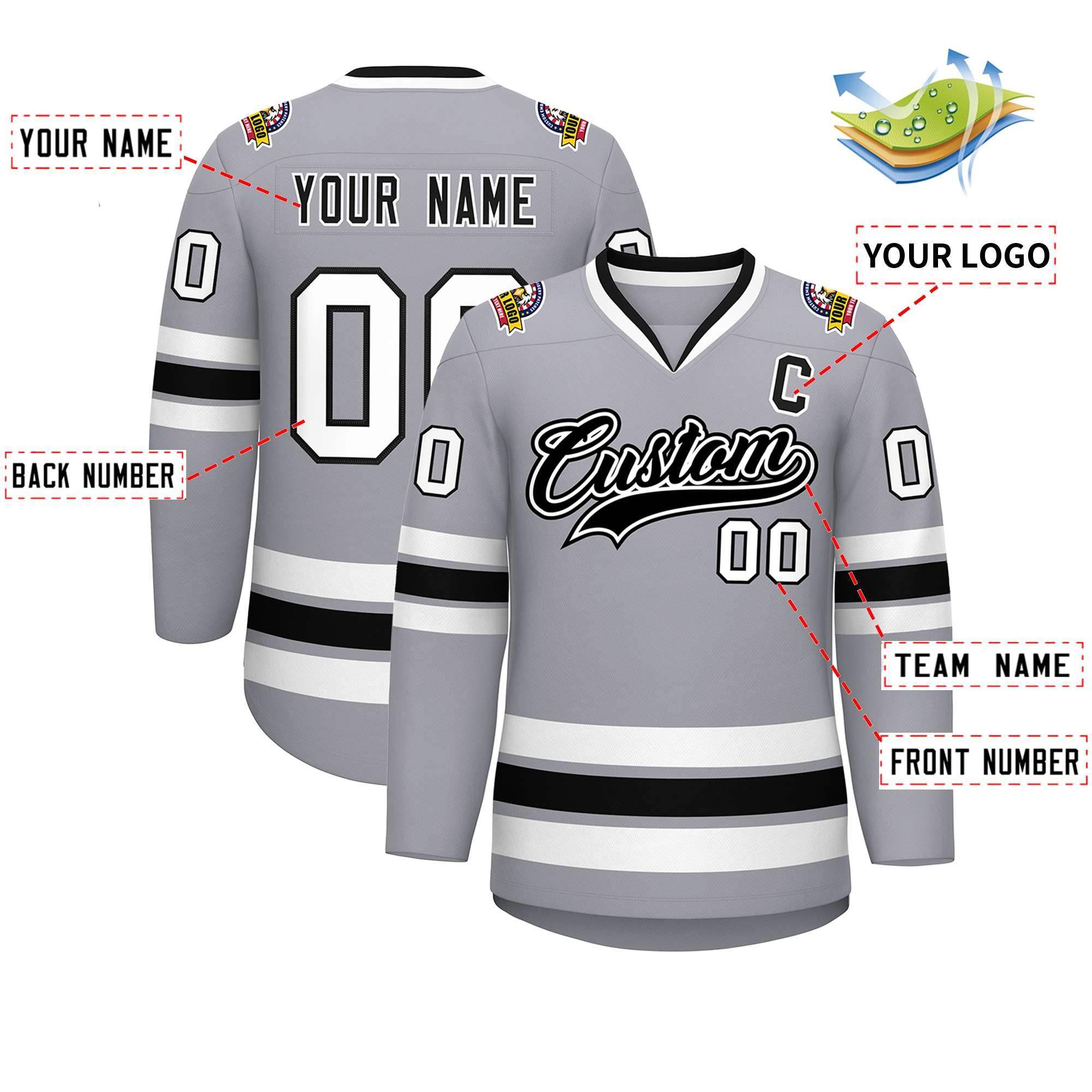 Maillot de hockey de style classique personnalisé gris noir blanc-noir