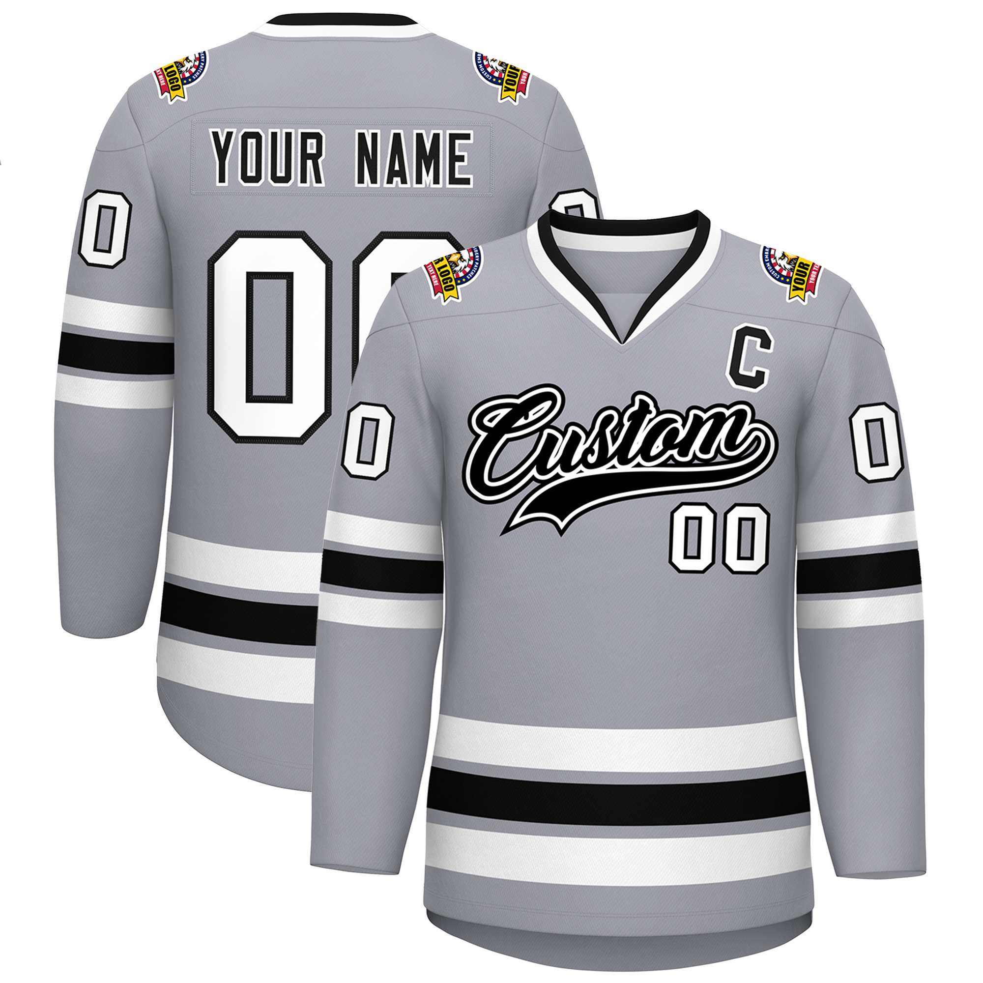 Custom Gray Black White-Black Classic Style Hockey Jersey