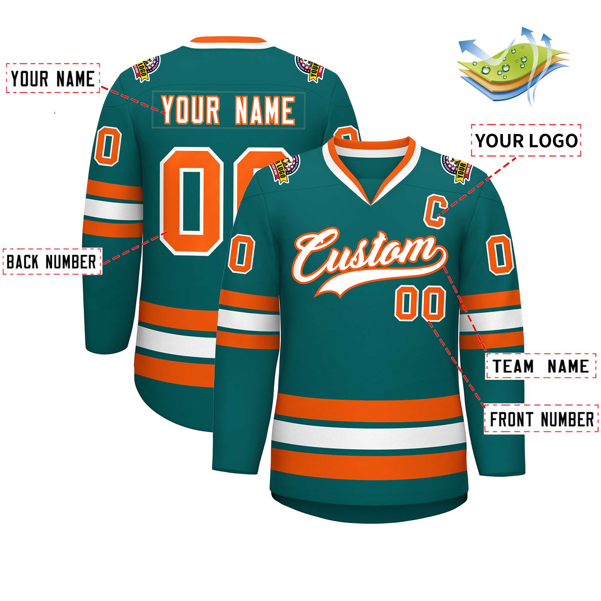 Custom Teal White-Orange Classic Style Hockey Jersey