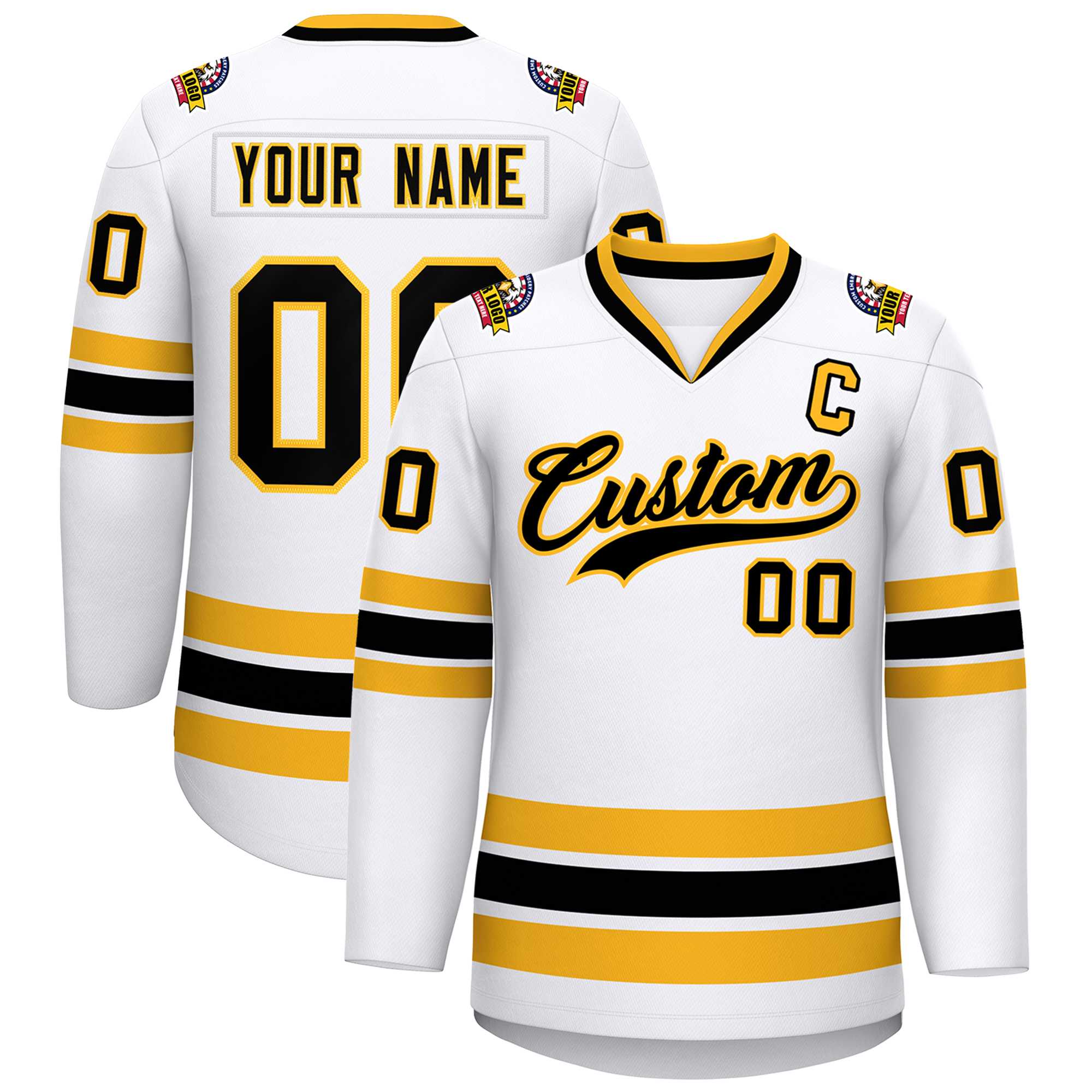 Custom White Black-Gold Classic Style Hockey Jersey