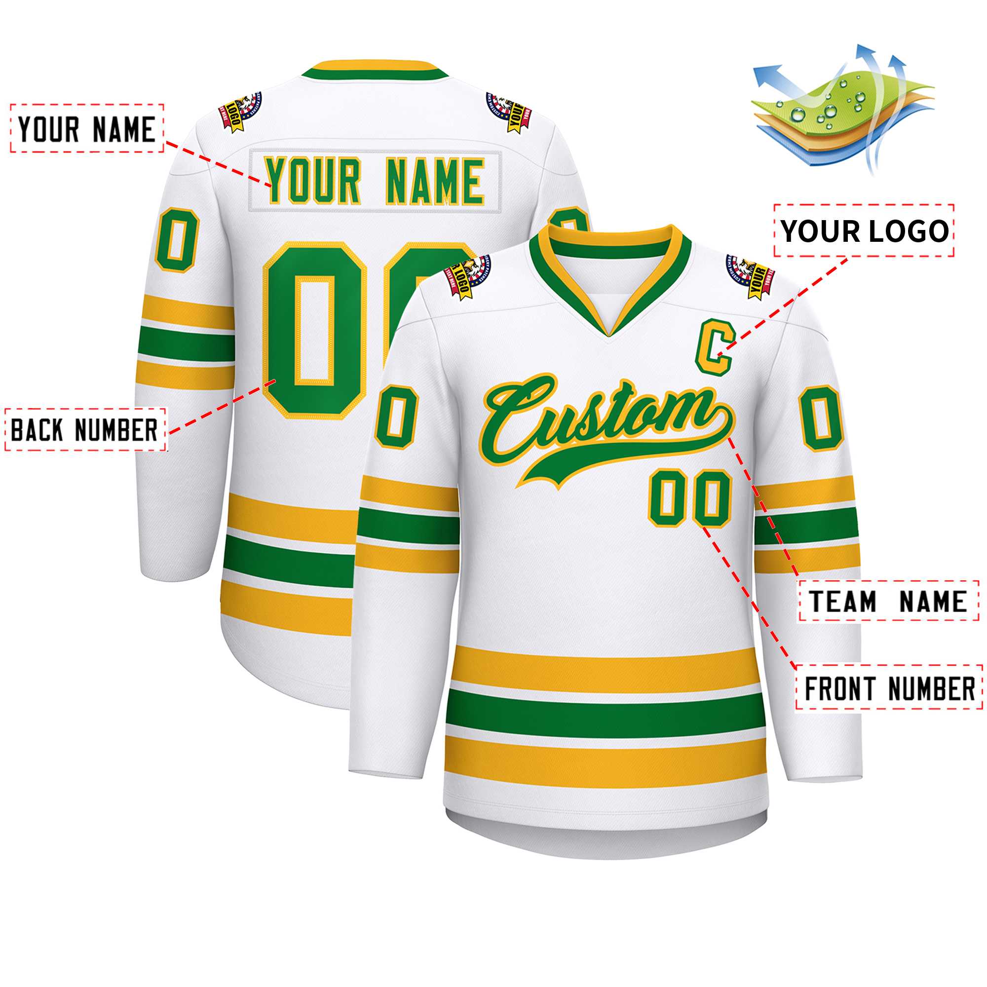 Maillot de hockey de style classique Kelly vert-or blanc personnalisé