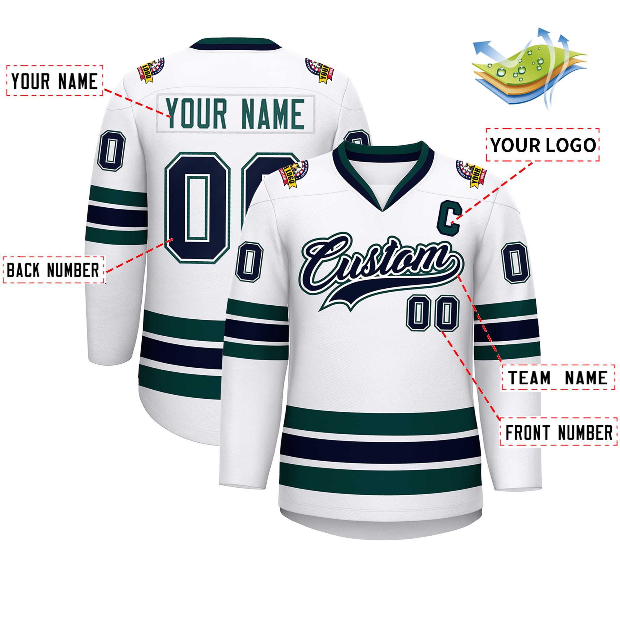 Maillot de hockey de style classique blanc marine blanc-vert minuit personnalisé