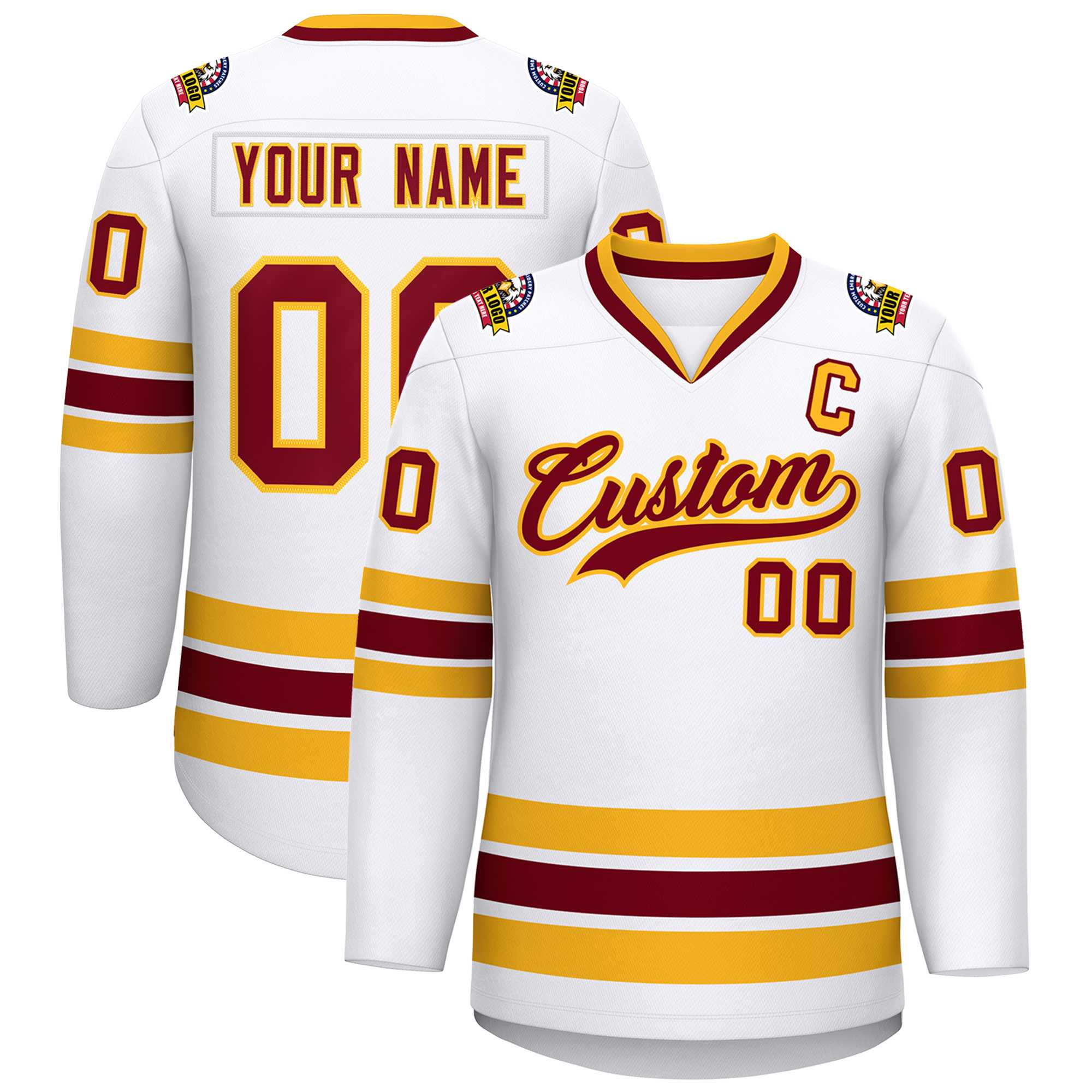 Custom White Crimson-Gold Classic Style Hockey Jersey