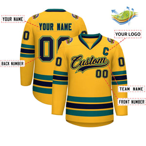 Custom Gold Navy Gold-Aqua Classic Style Hockey Jersey