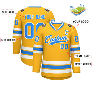 Custom Gold Powder Blue-White Classic Style Hockey Jersey