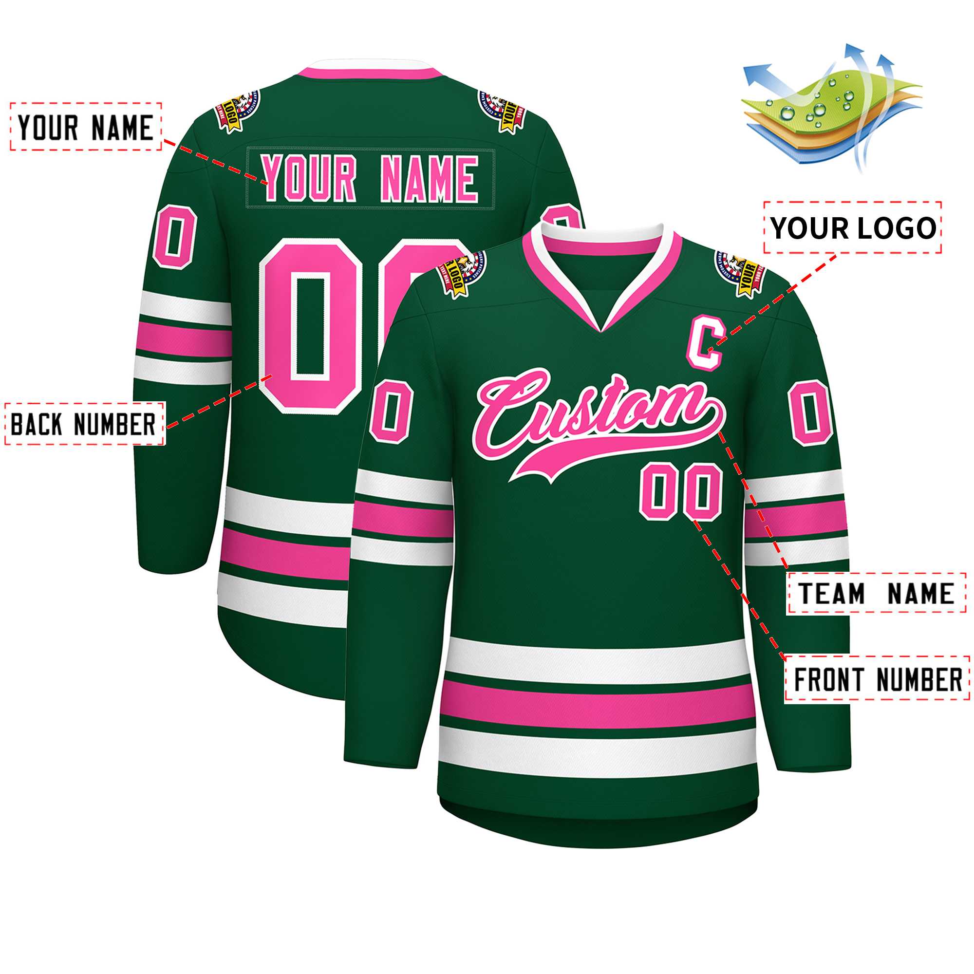 Maillot de hockey de style classique vert rose-blanc personnalisé