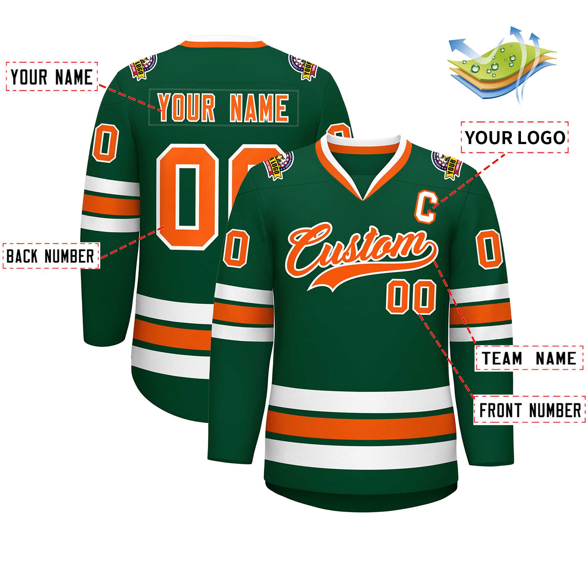 Maillot de hockey de style classique vert orange-blanc personnalisé