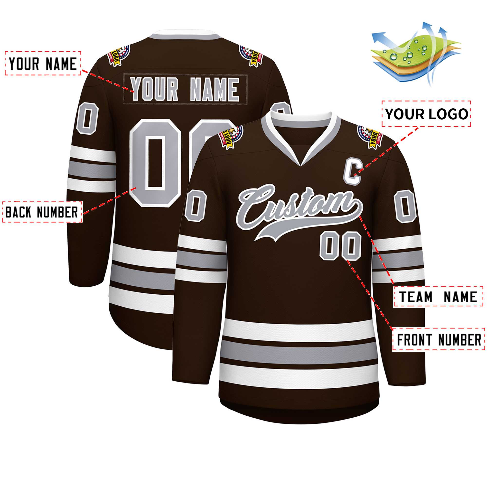 Maillot de hockey de style classique marron gris-blanc personnalisé