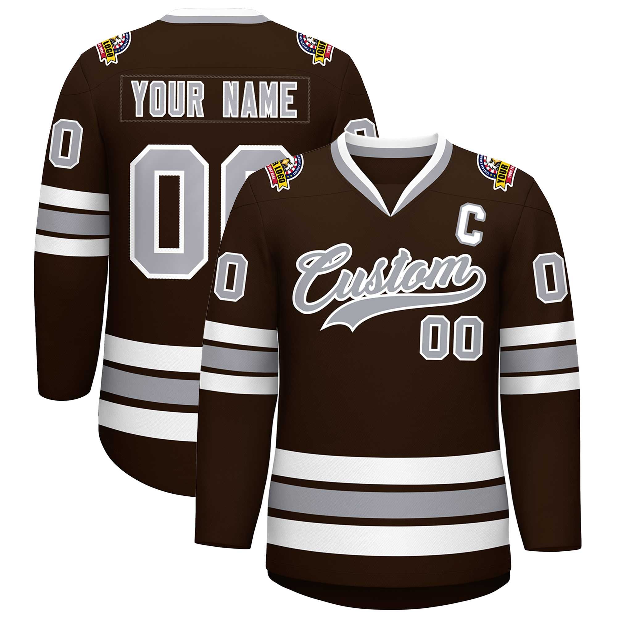 Custom Brown Gray-White Classic Style Hockey Jersey