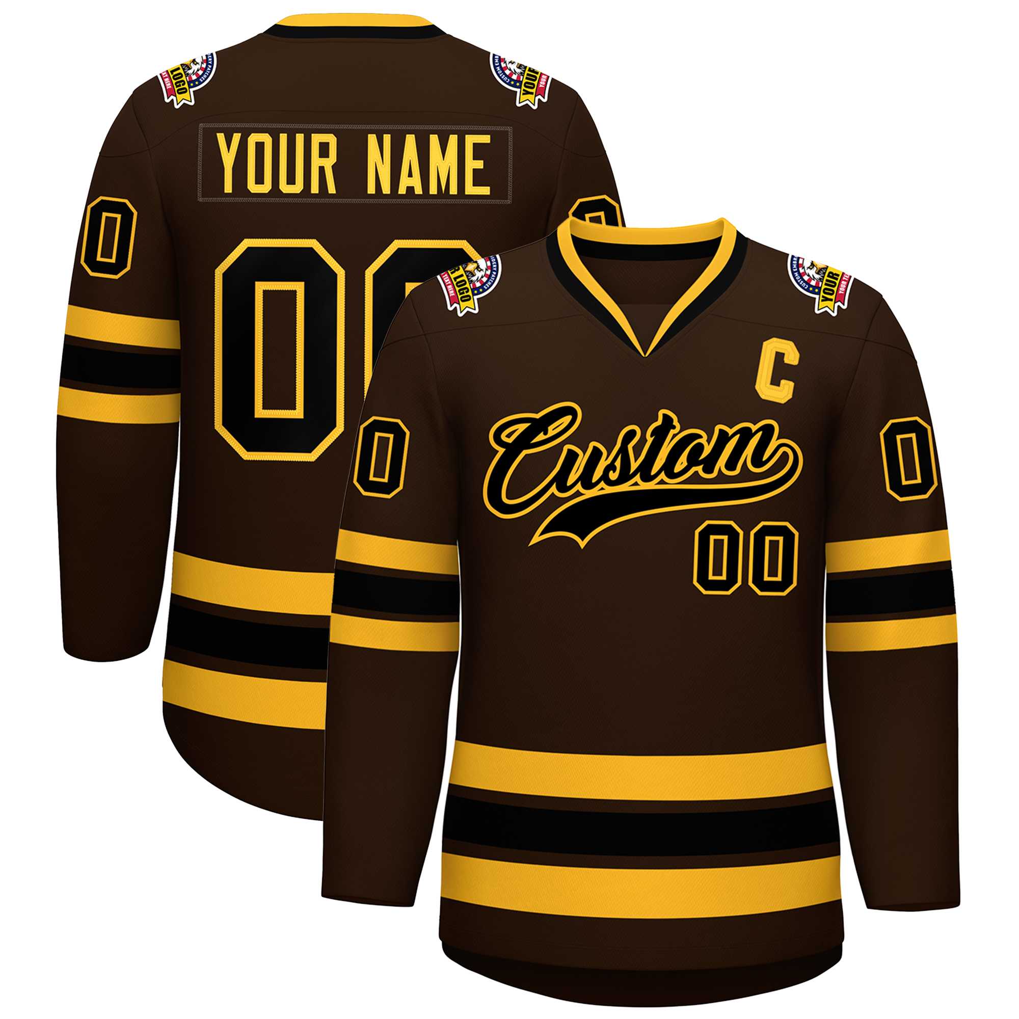 Custom Brown Black-Gold Classic Style Hockey Jersey