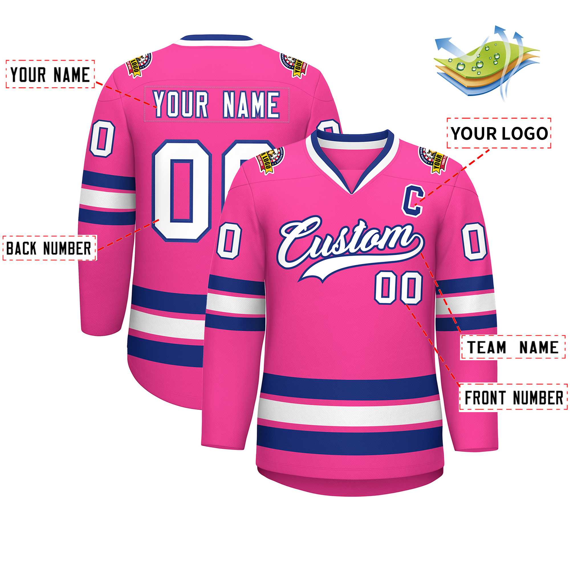 Maillot de hockey de style classique rose blanc-royal personnalisé