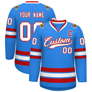 Maillot de hockey de style classique bleu poudre blanc-rouge personnalisé