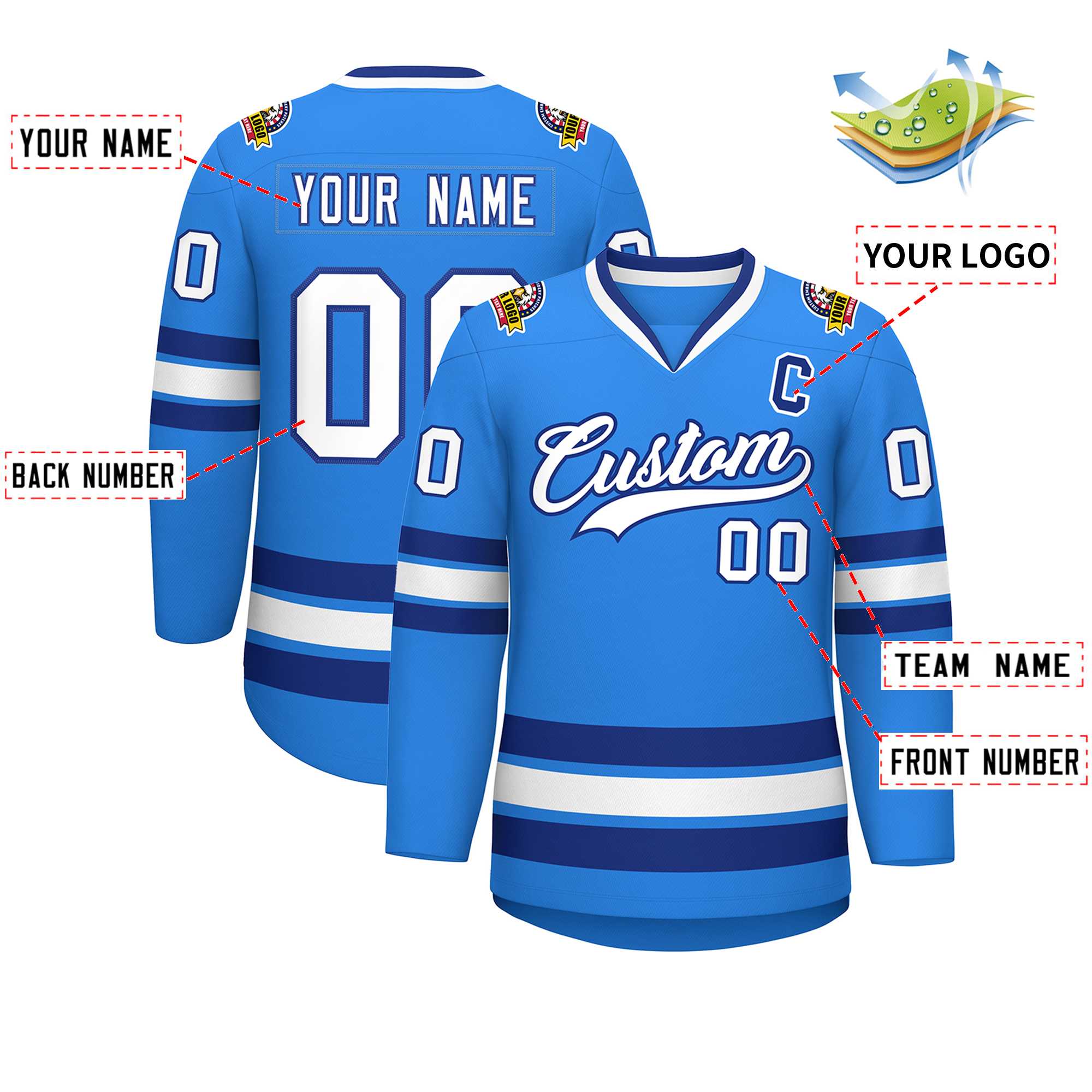 Maillot de hockey de style classique bleu poudre blanc-royal personnalisé