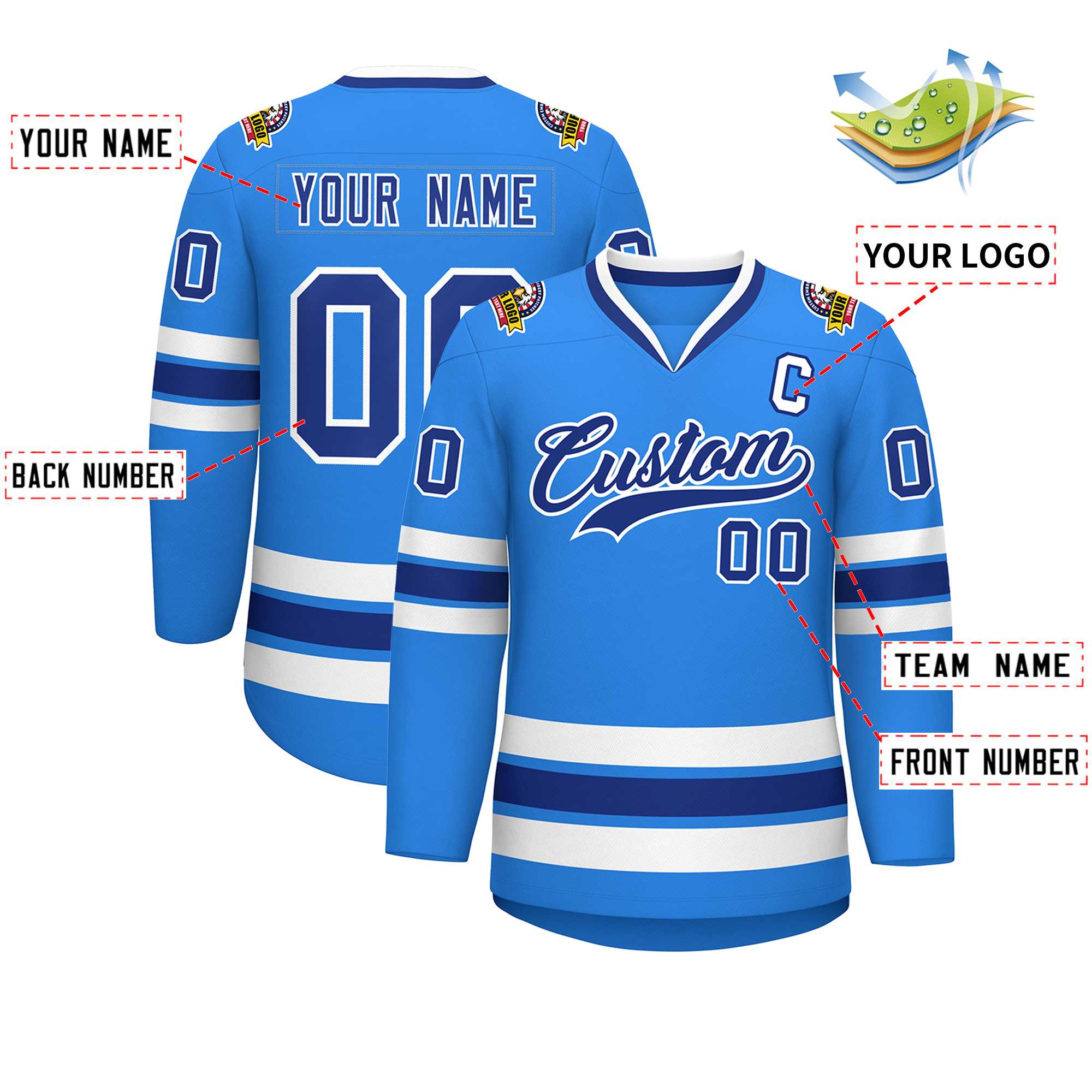 Maillot de hockey de style classique bleu poudre personnalisé Royal-White