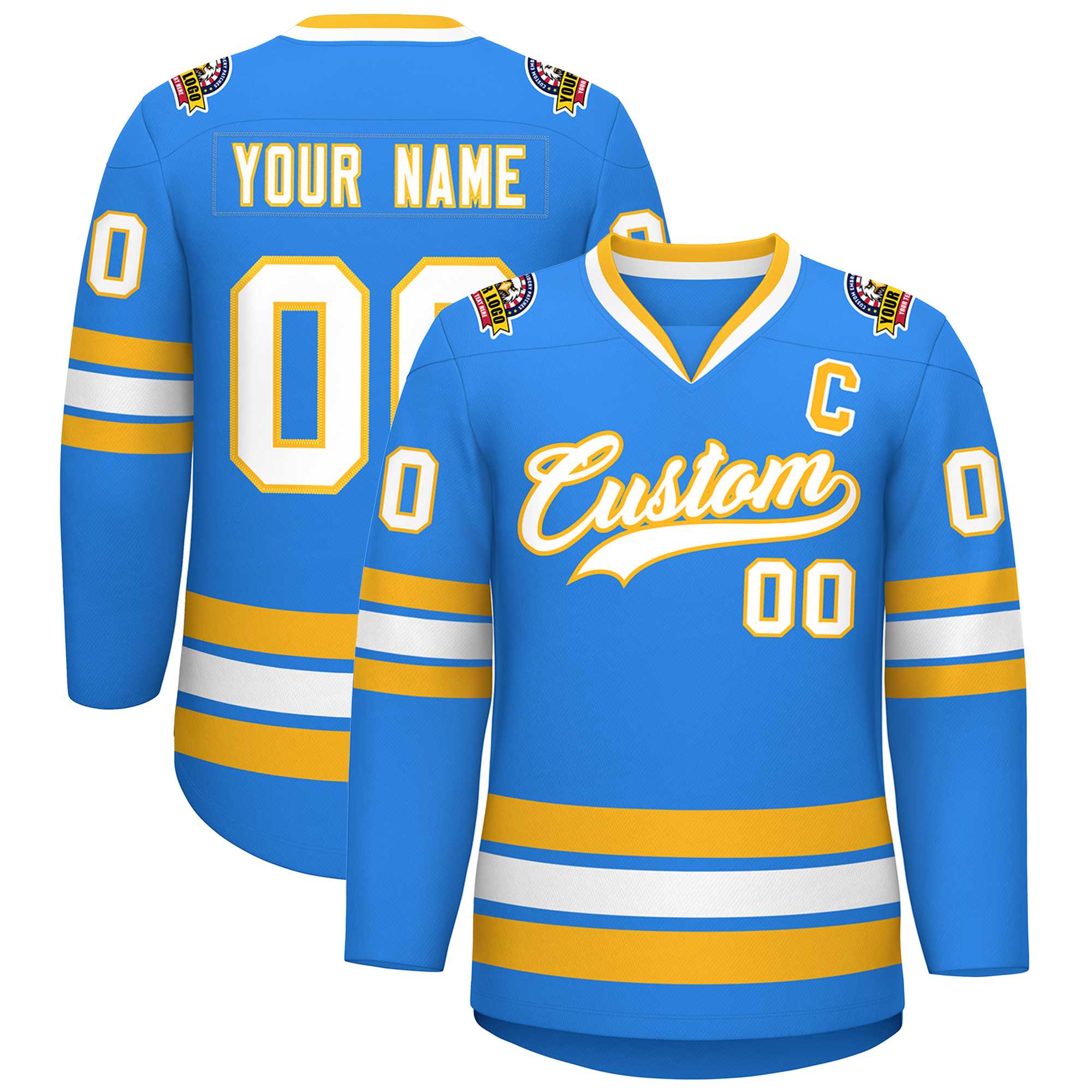 Custom Powder Blue White-Gold Classic Style Hockey Jersey