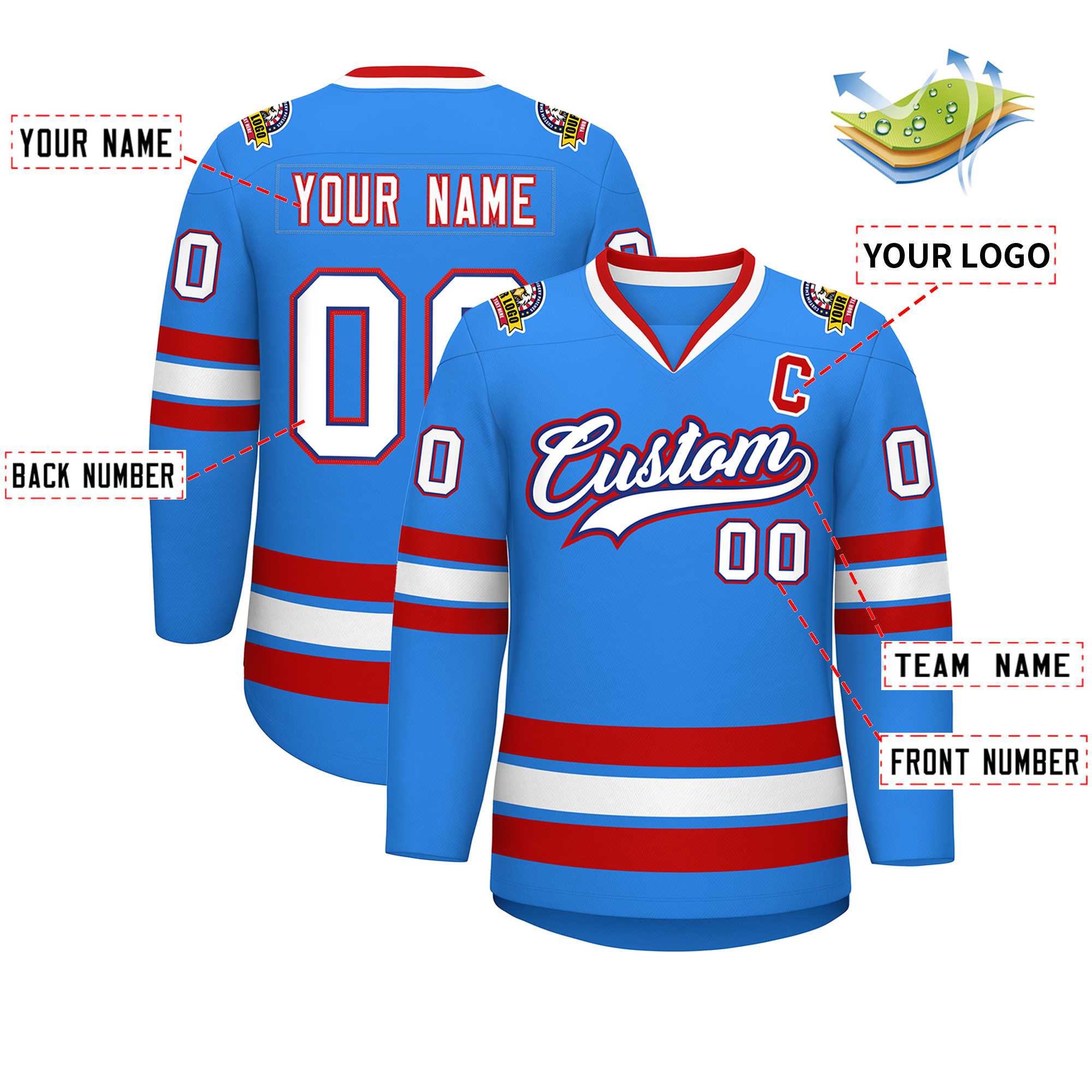 Maillot de hockey de style classique bleu poudre personnalisé blanc royal-rouge