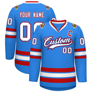 Maillot de hockey de style classique bleu poudre personnalisé blanc royal-rouge