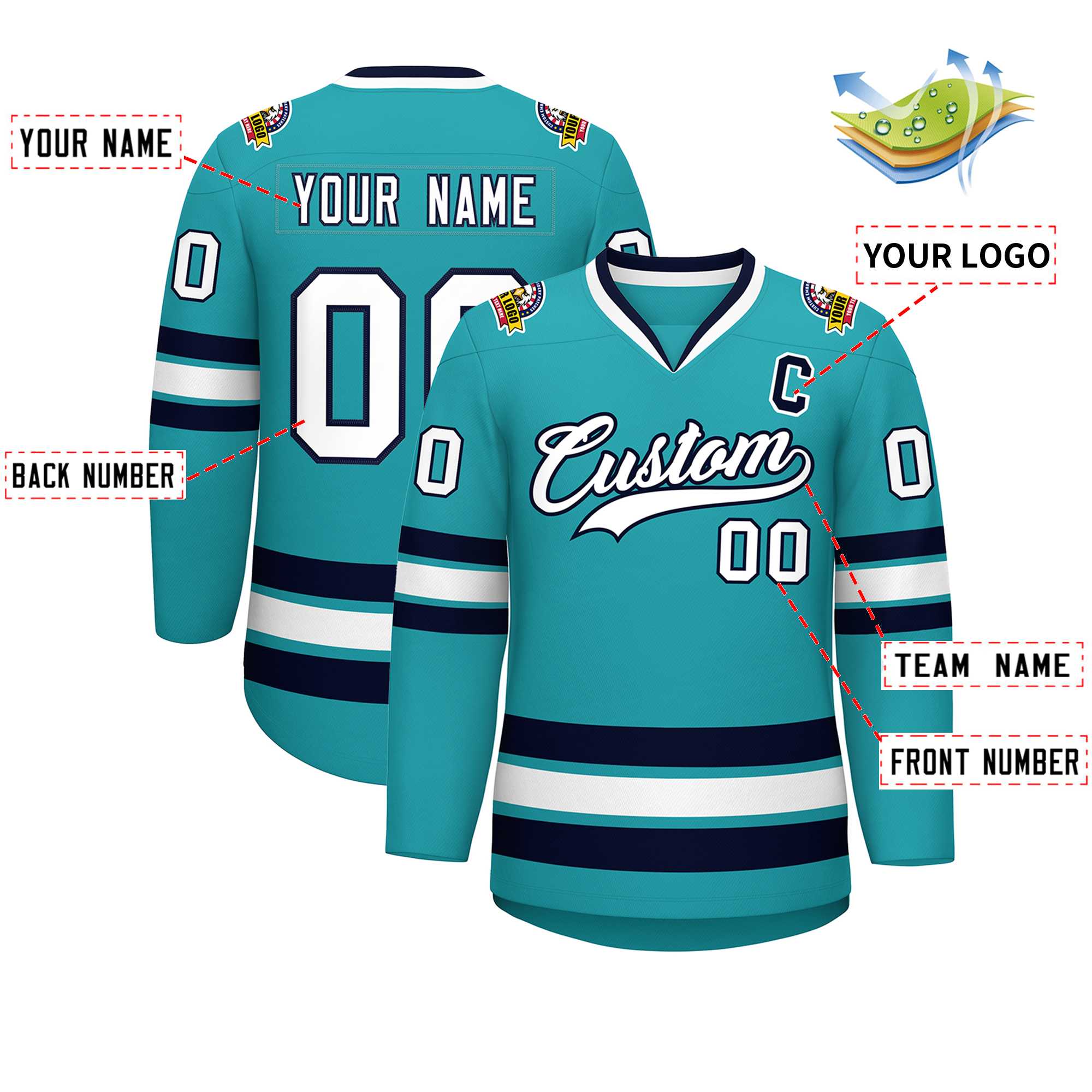 Custom Aqua White-Navy Classic Style Hockey Jersey