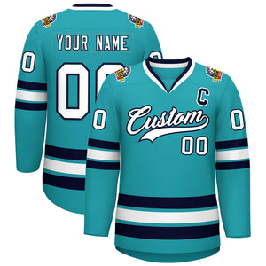 Custom Aqua White-Navy Classic Style Hockey Jersey