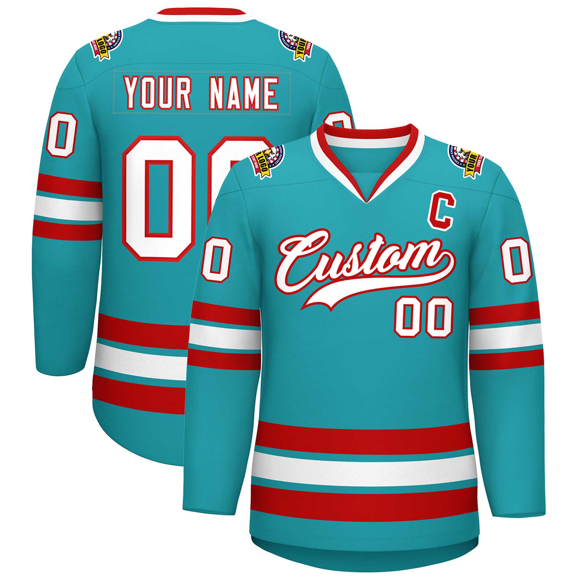 Custom Aqua White-Red Classic Style Hockey Jersey