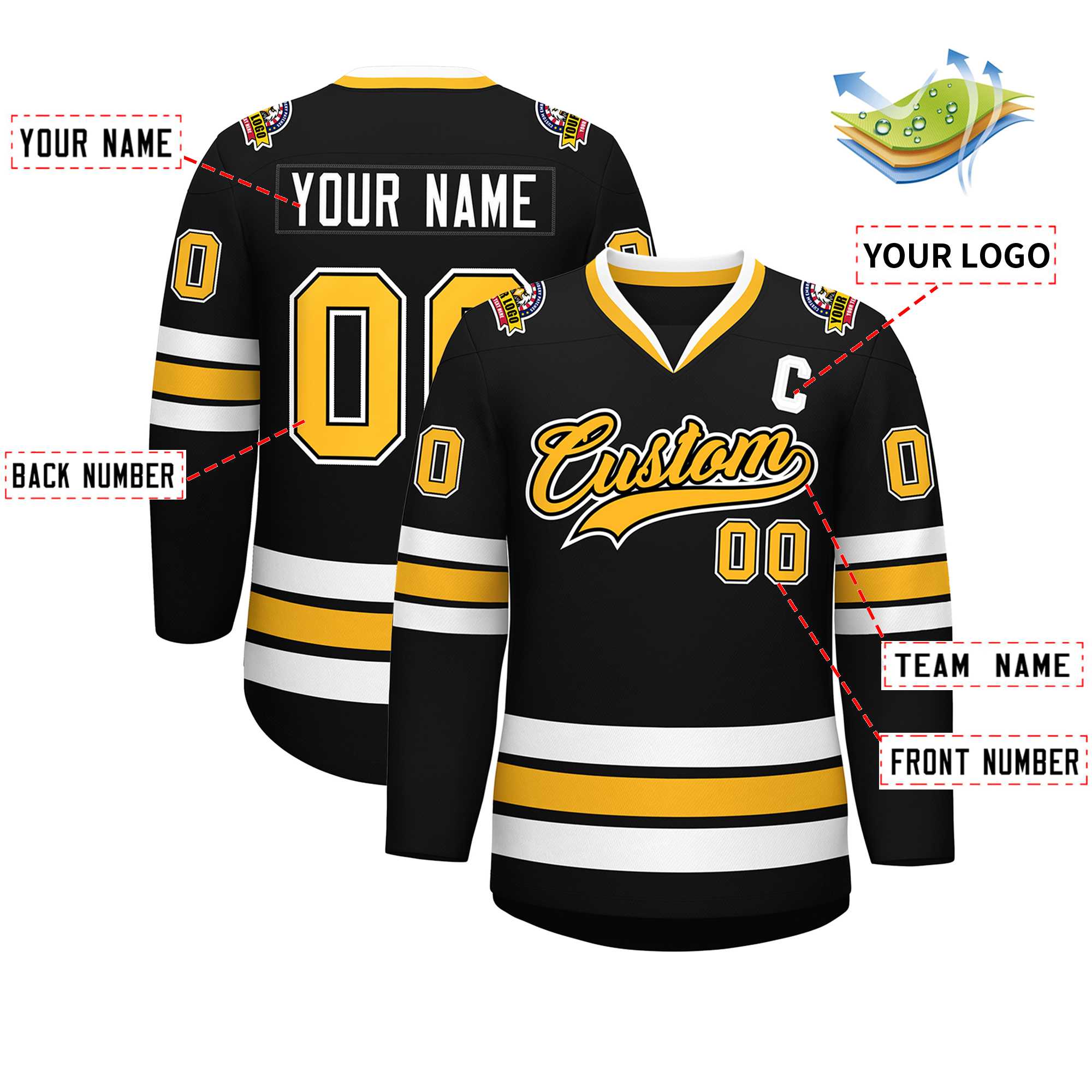 Custom Black Gold Black-White Classic Style Hockey Jersey