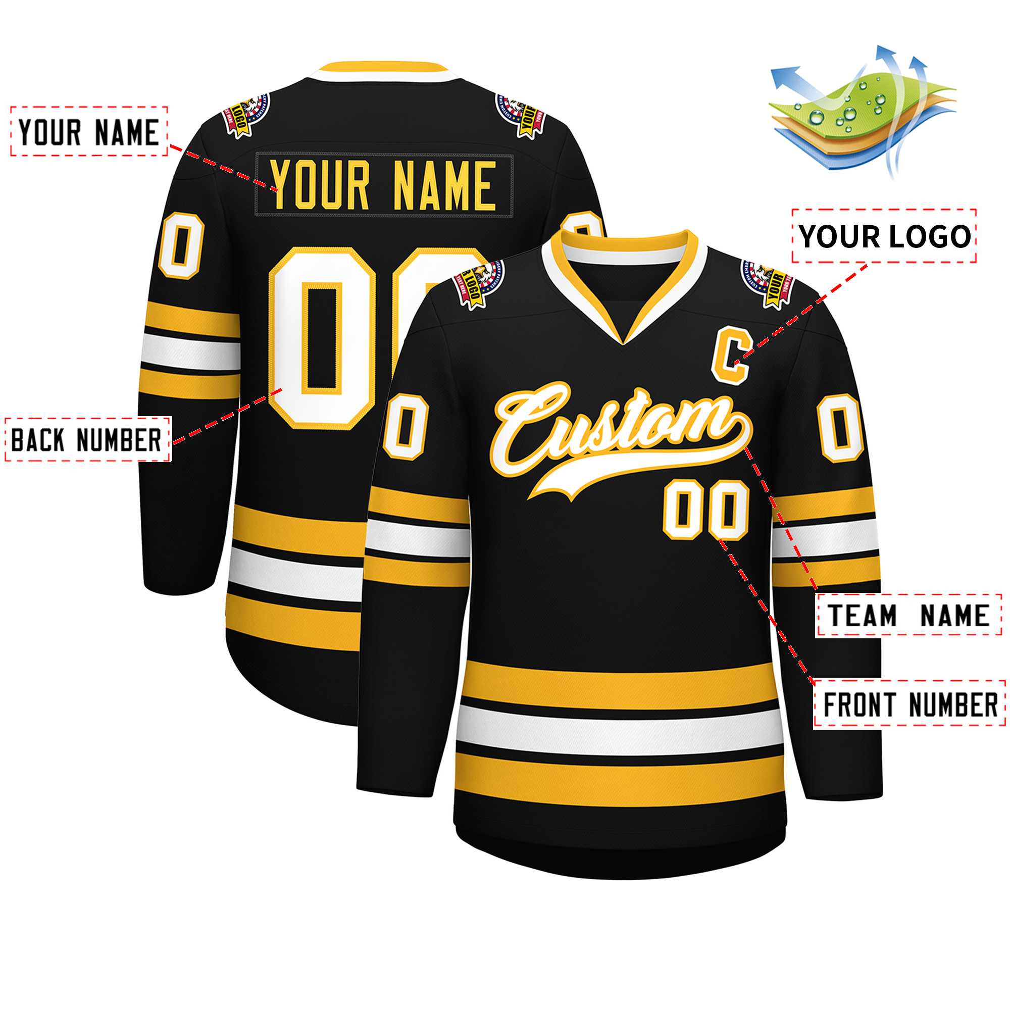 Custom Black White-Gold Classic Style Hockey Jersey