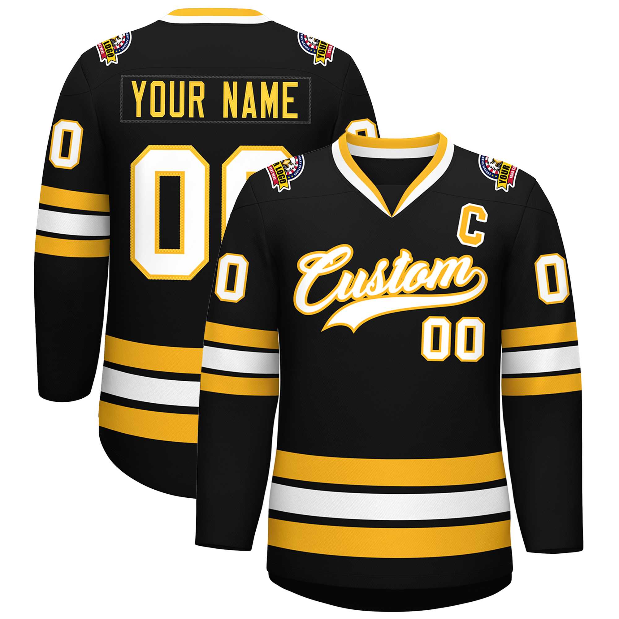 Custom Black White-Gold Classic Style Hockey Jersey