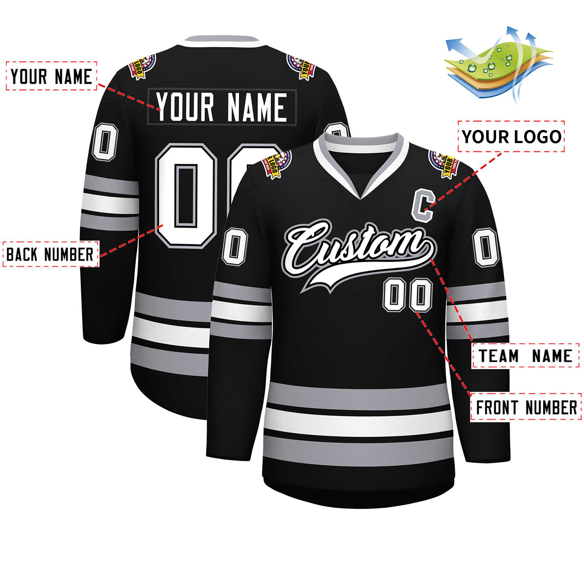 Custom Black White Black-Gray Classic Style Hockey Jersey