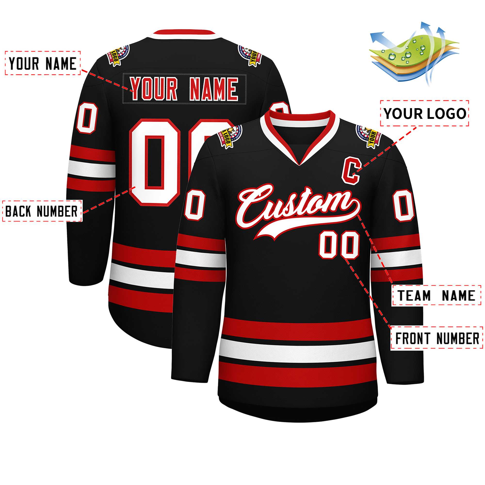 Custom Black White-Red Classic Style Hockey Jersey