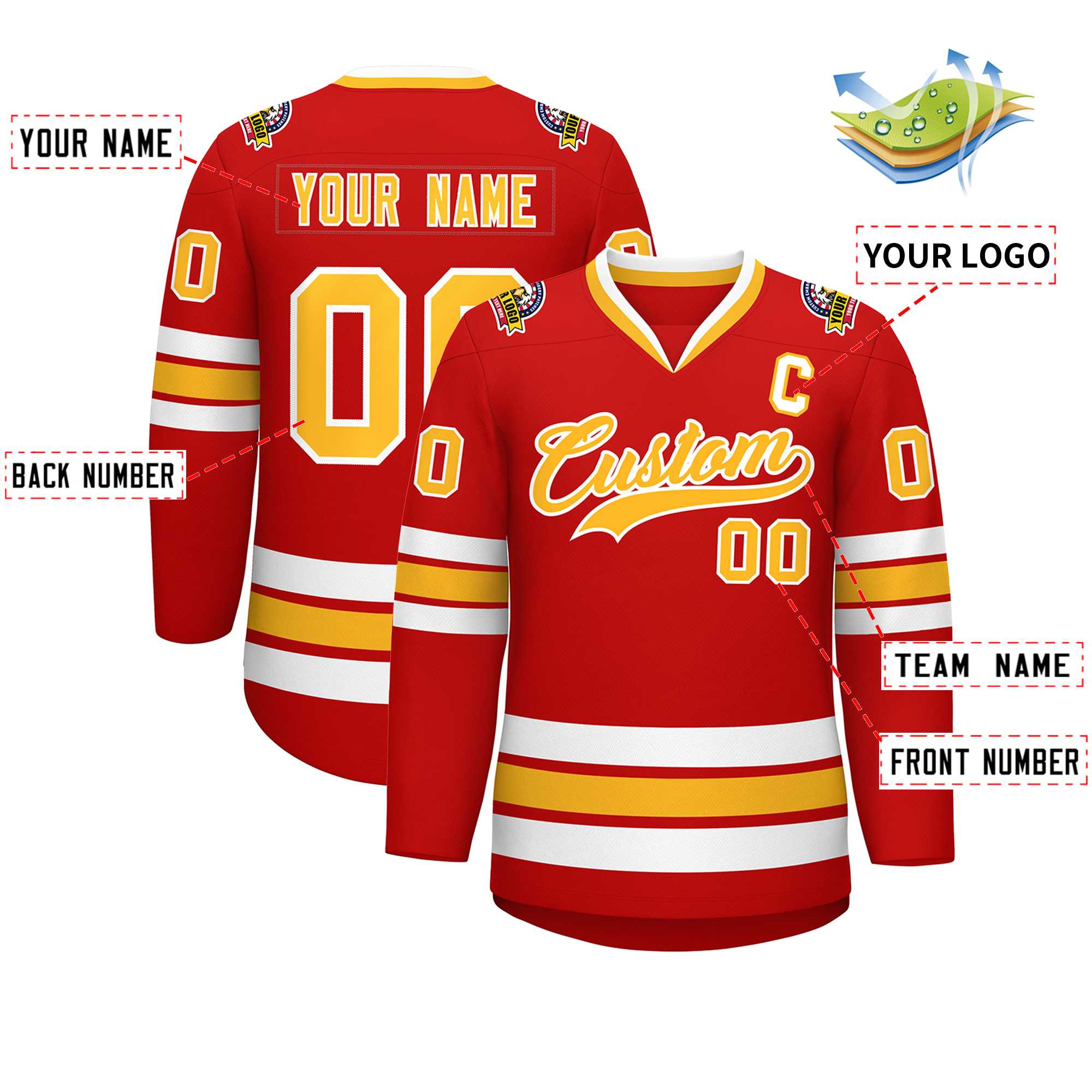 Maillot de hockey de style classique personnalisé rouge or-blanc