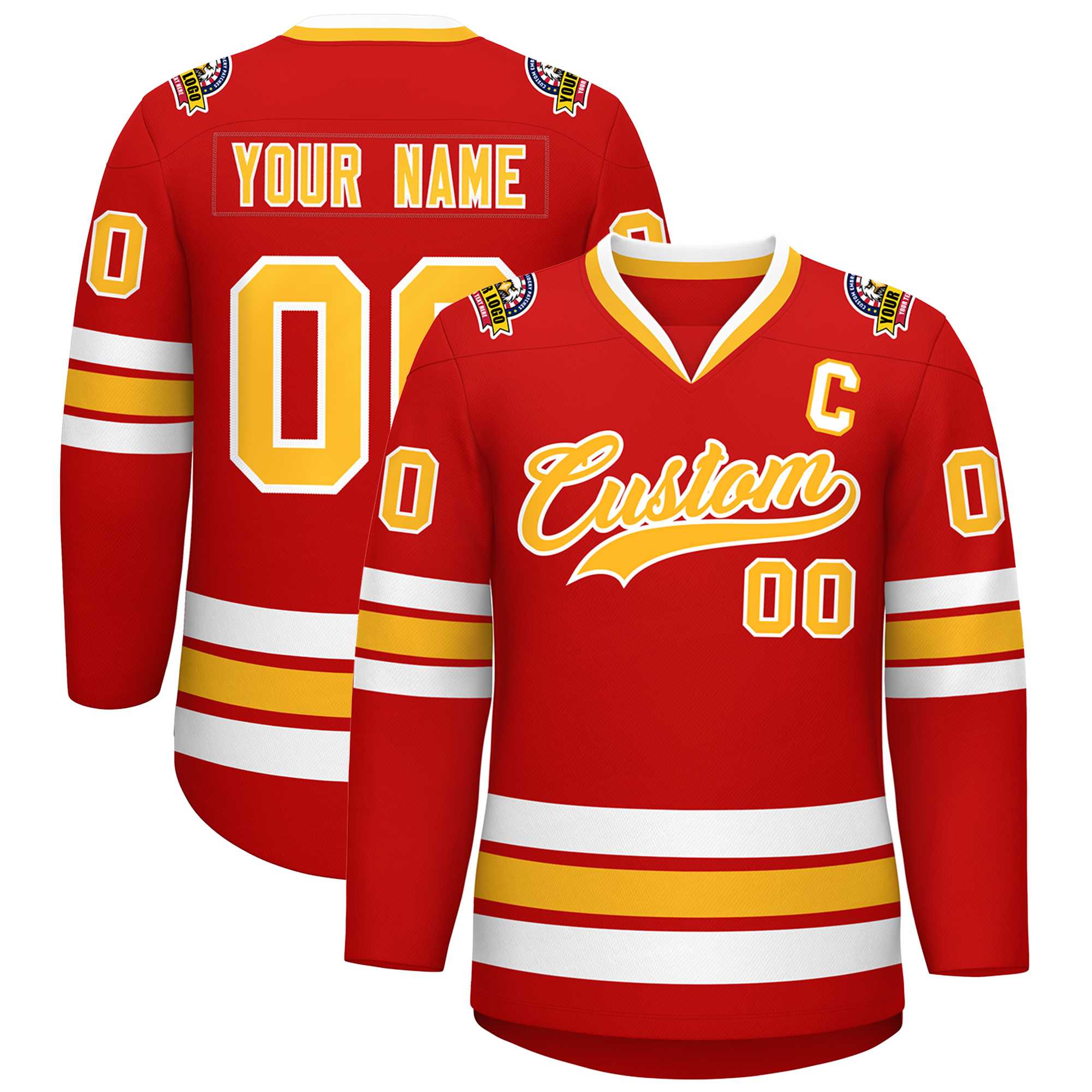 Custom Red Gold-White Classic Style Hockey Jersey