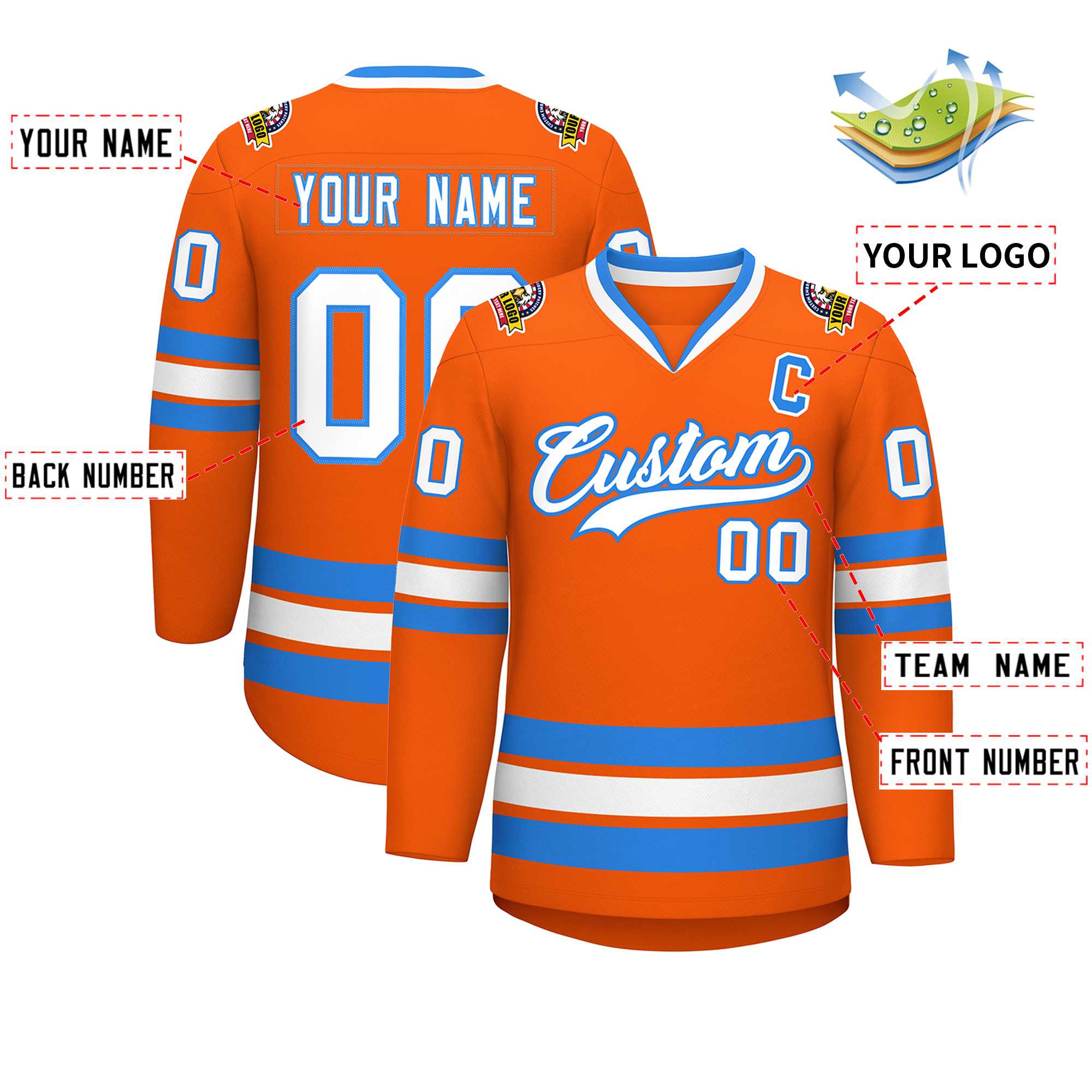 Custom Orange White-Powder Blue Classic Style Hockey Jersey