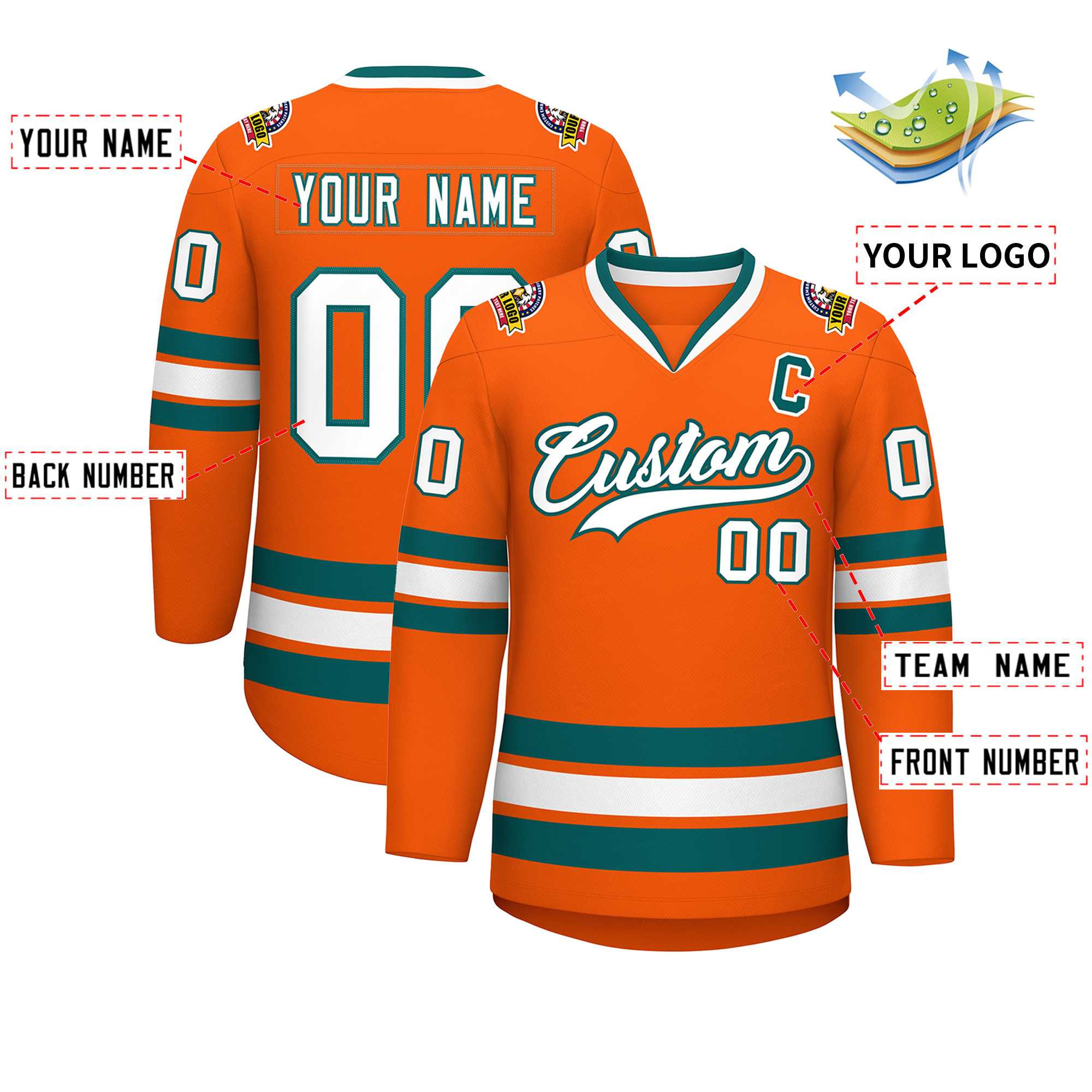 Custom Orange White-Aqua Classic Style Hockey Jersey