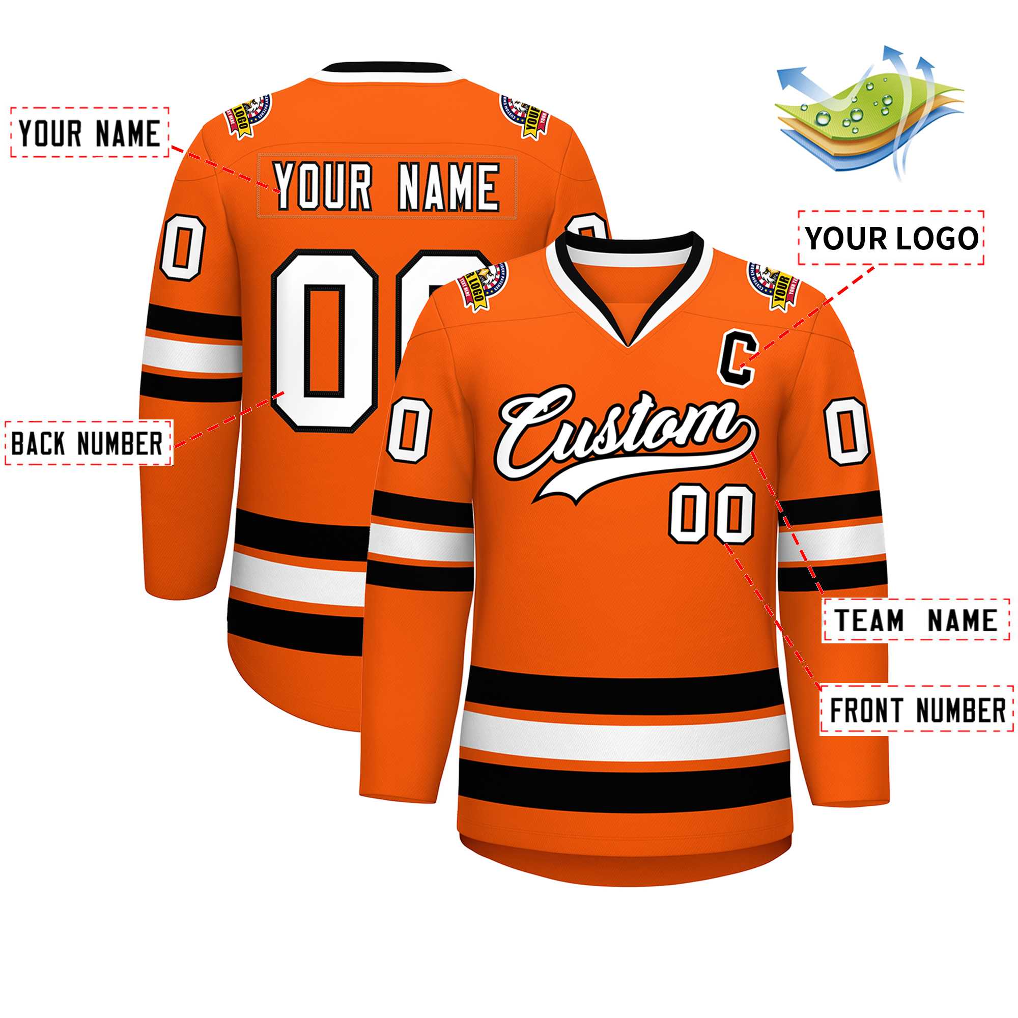 Maillot de hockey de style classique orange blanc-noir personnalisé