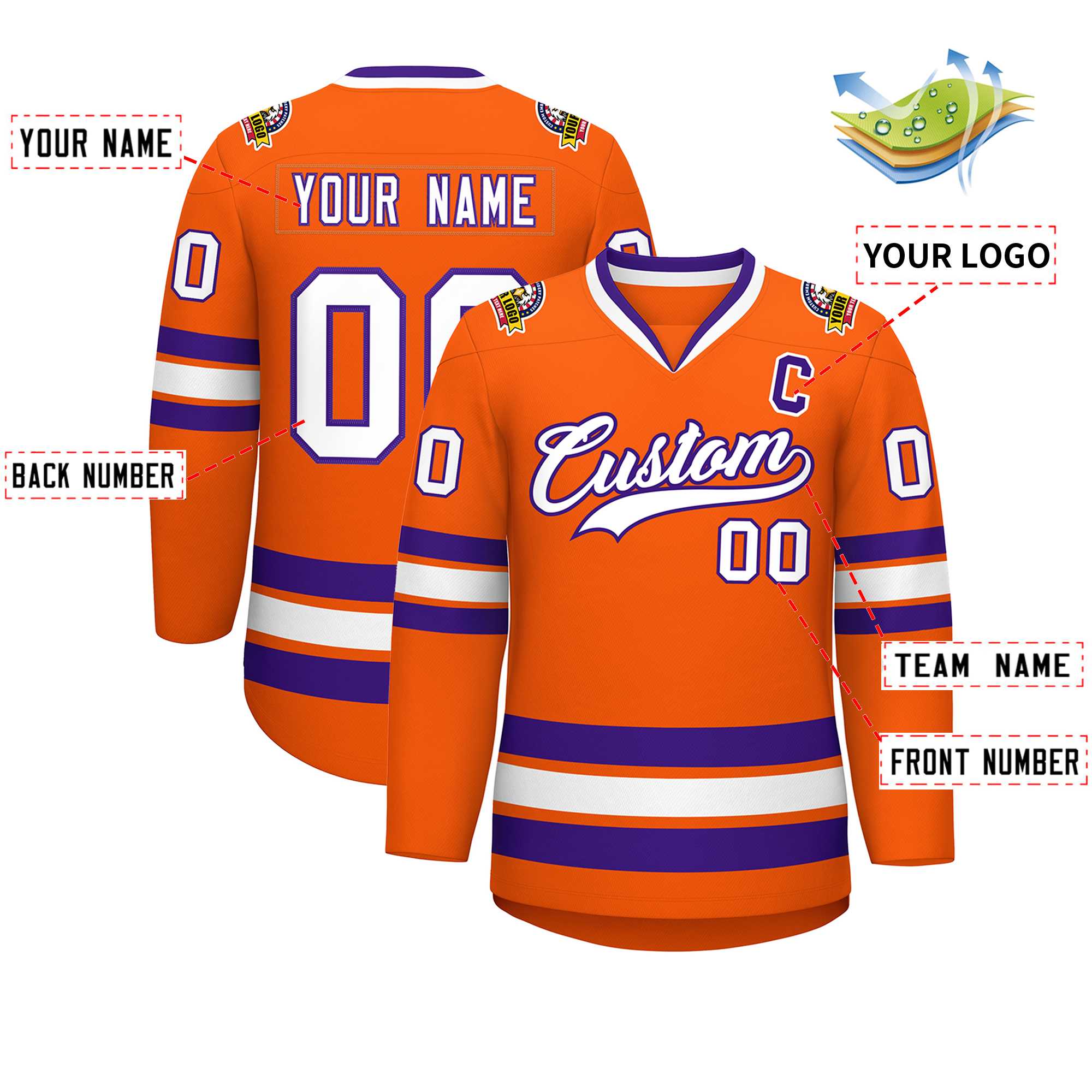 Maillot de hockey de style classique orange blanc-violet personnalisé