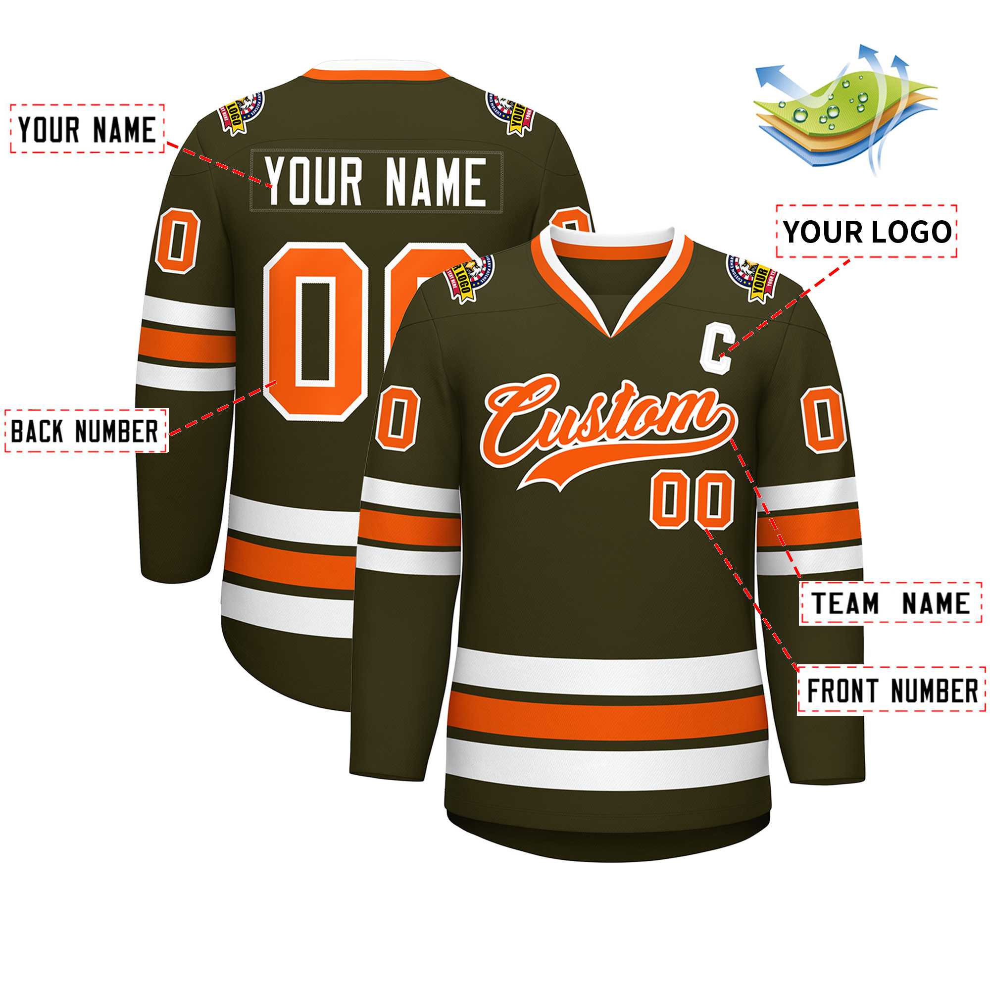 Maillot de hockey de style classique olive orange-blanc personnalisé