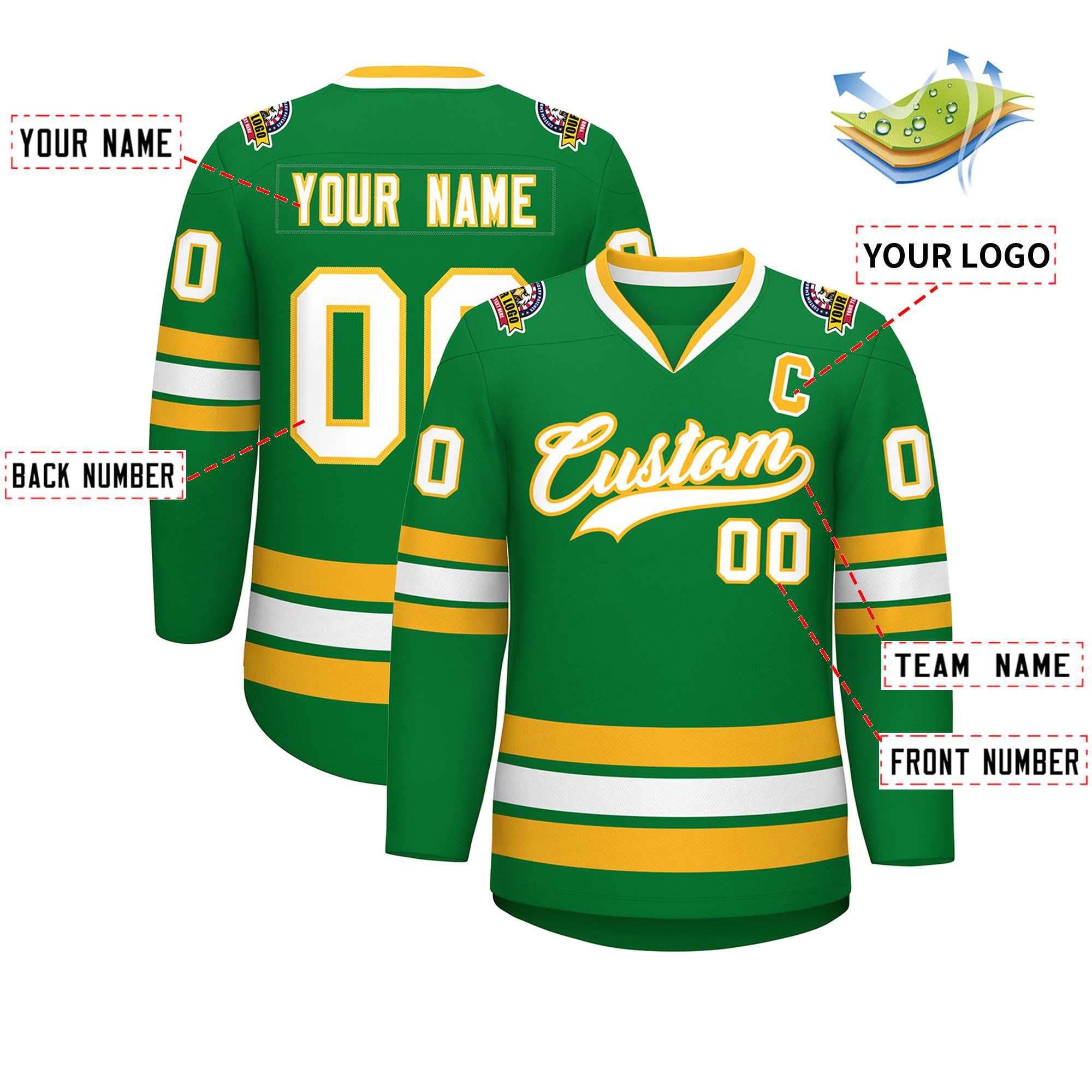 Custom Kelly Green White-Gold Classic Style Hockey Jersey