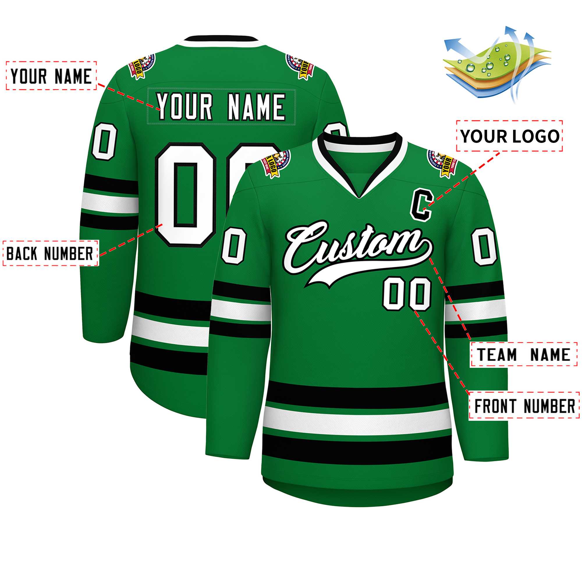 Custom Kelly Green White-Black Classic Style Hockey Jersey