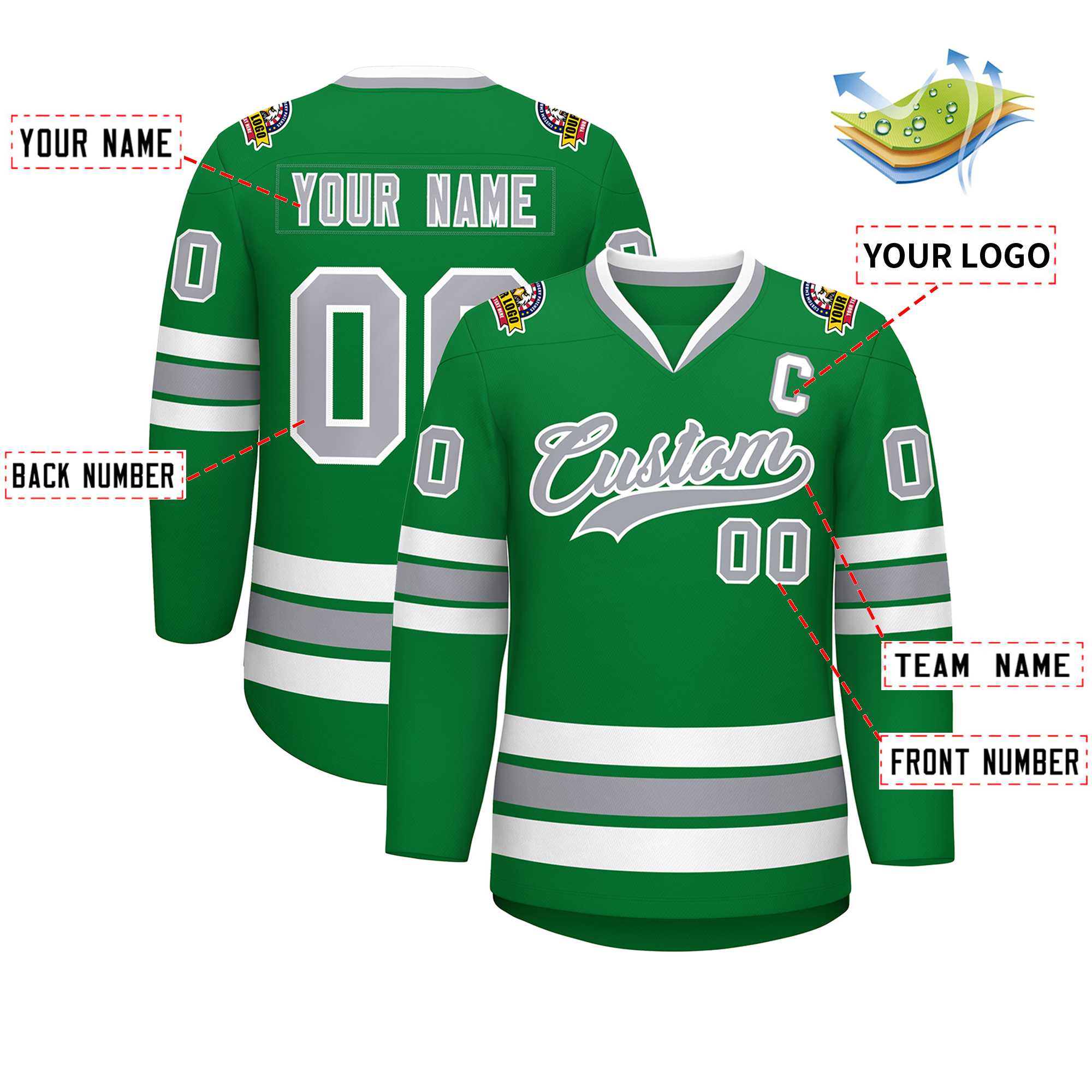 Custom Kelly Green Gray-White Classic Style Hockey Jersey