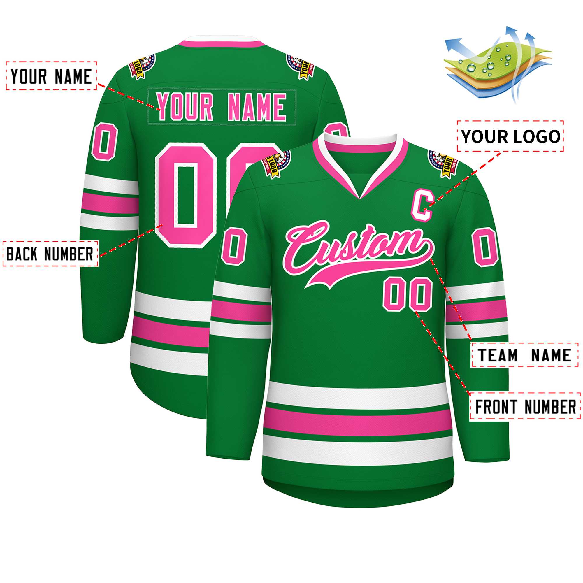 Custom Kelly Green Pink-White Classic Style Hockey Jersey