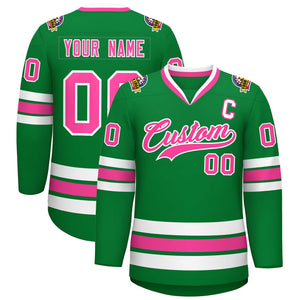 Custom Kelly Green Pink-White Classic Style Hockey Jersey