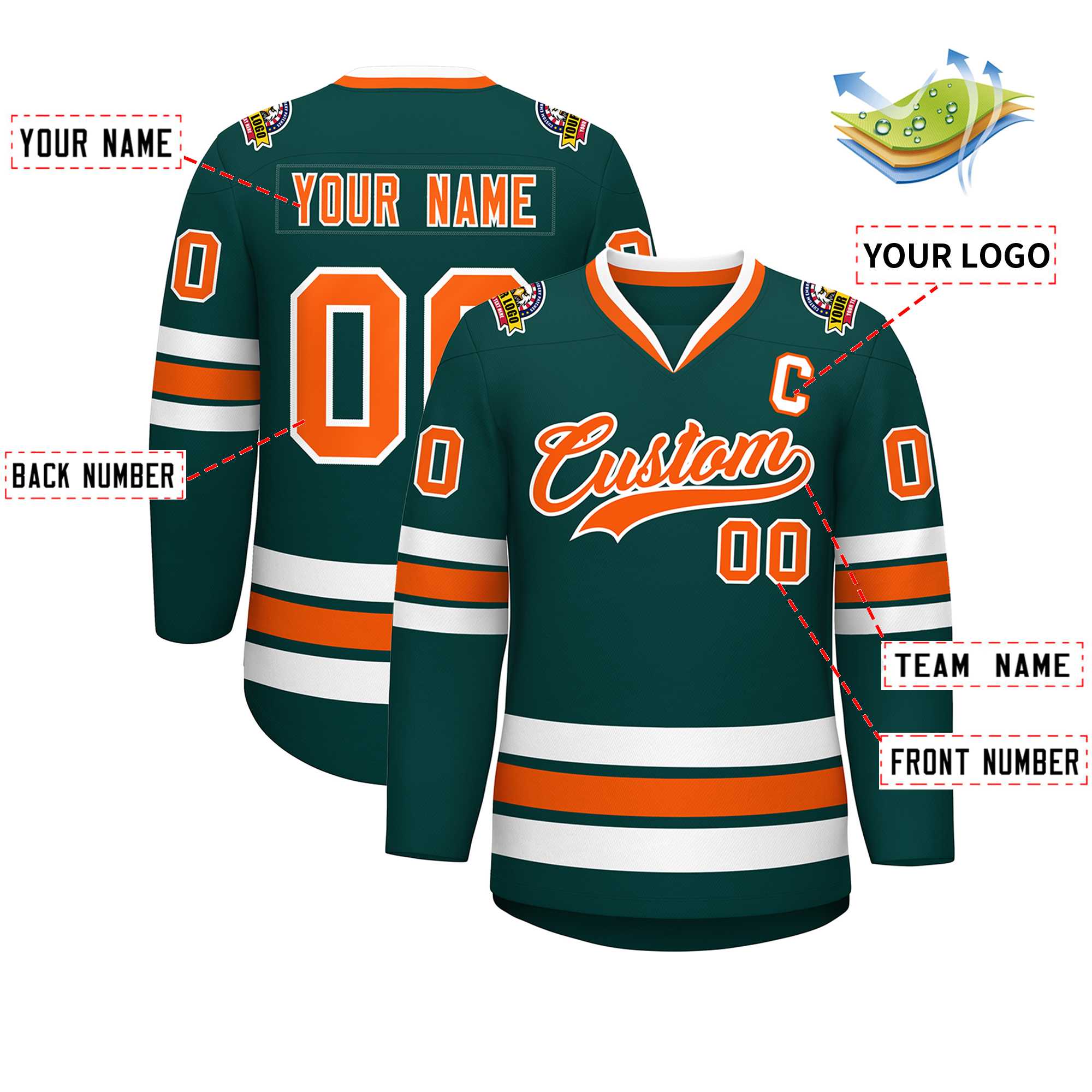 Maillot de hockey de style classique personnalisé vert minuit orange-blanc