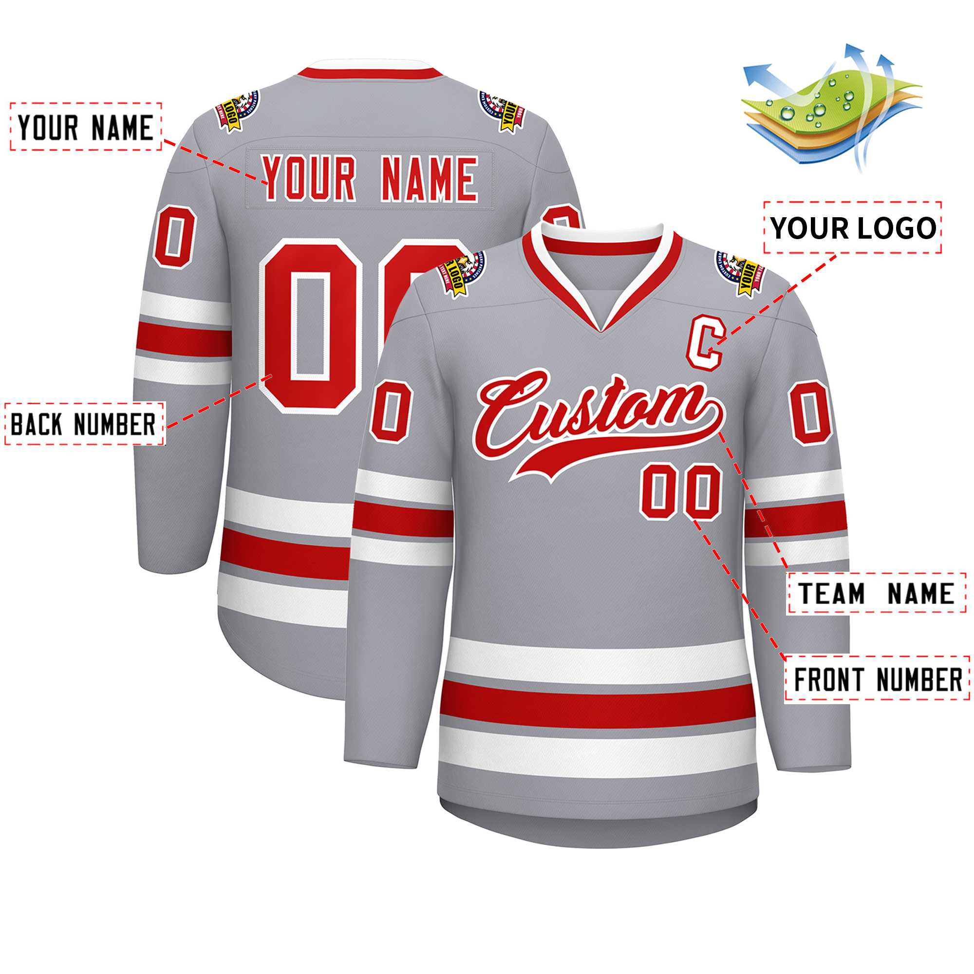 Maillot de hockey de style classique gris rouge-blanc personnalisé