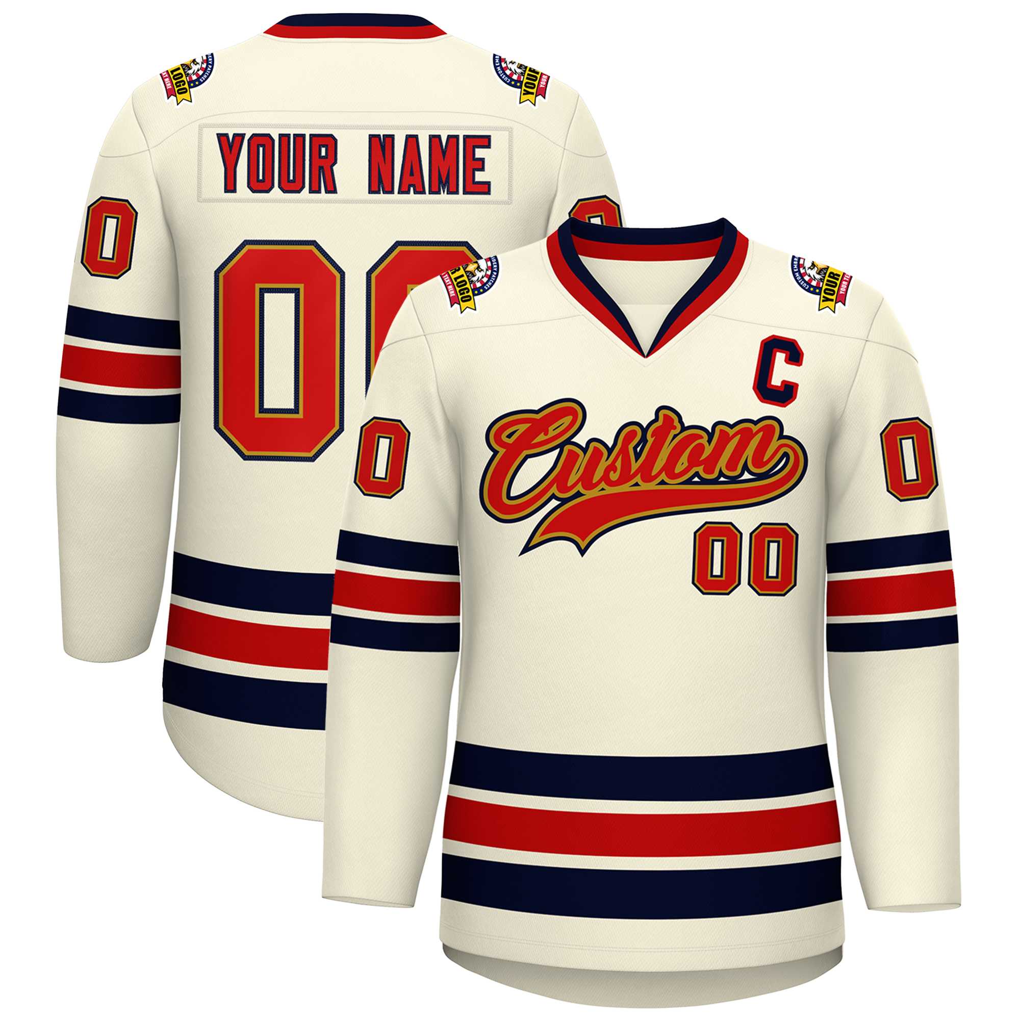 Custom Khaki Red Old Gold-Navy Classic Style Hockey Jersey