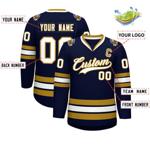 Custom Navy White-Old Gold Classic Style Hockey Jersey