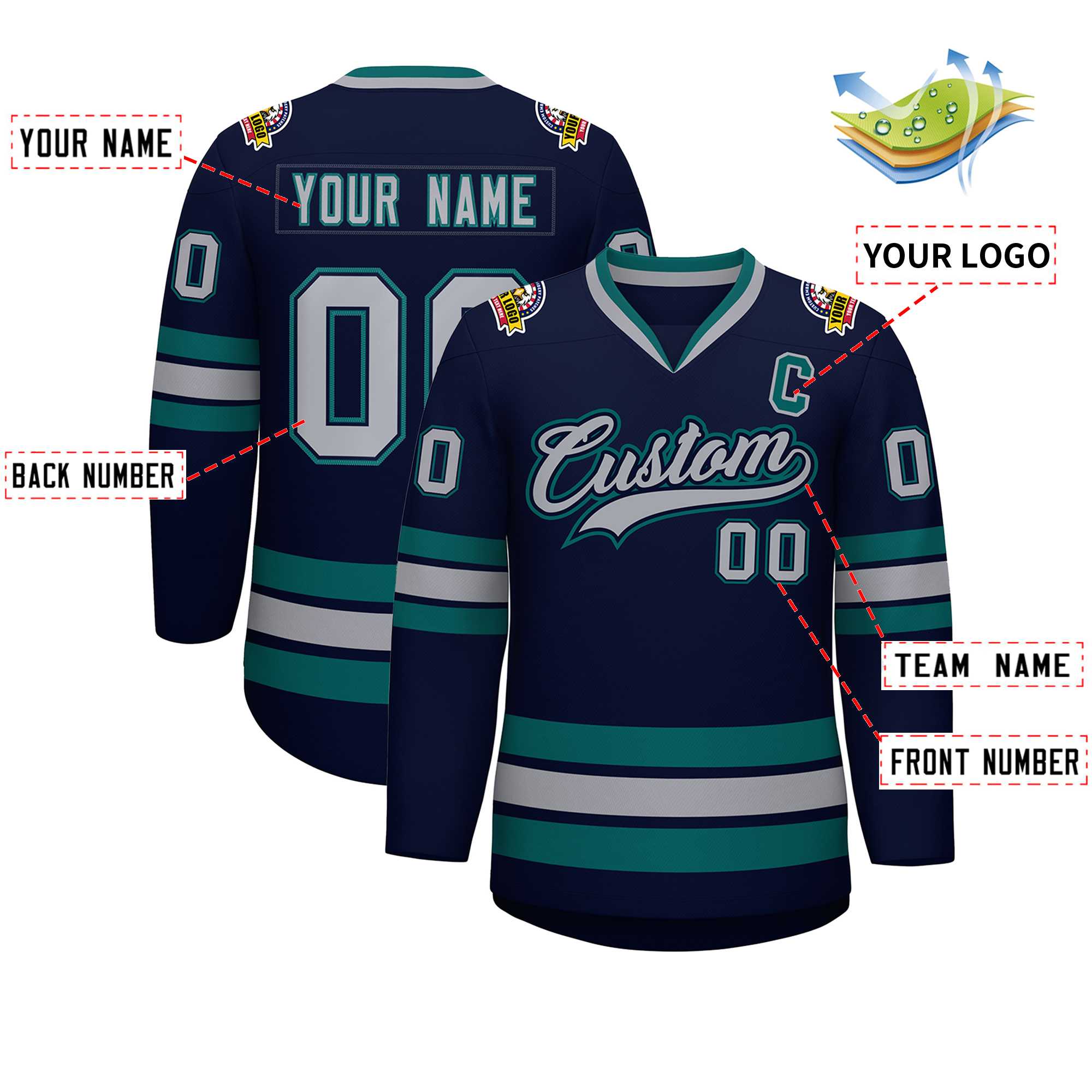 Custom Navy Gray Navy-Aqua Classic Style Hockey Jersey