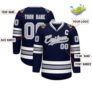 Custom Navy Gray-White Classic Style Hockey Jersey