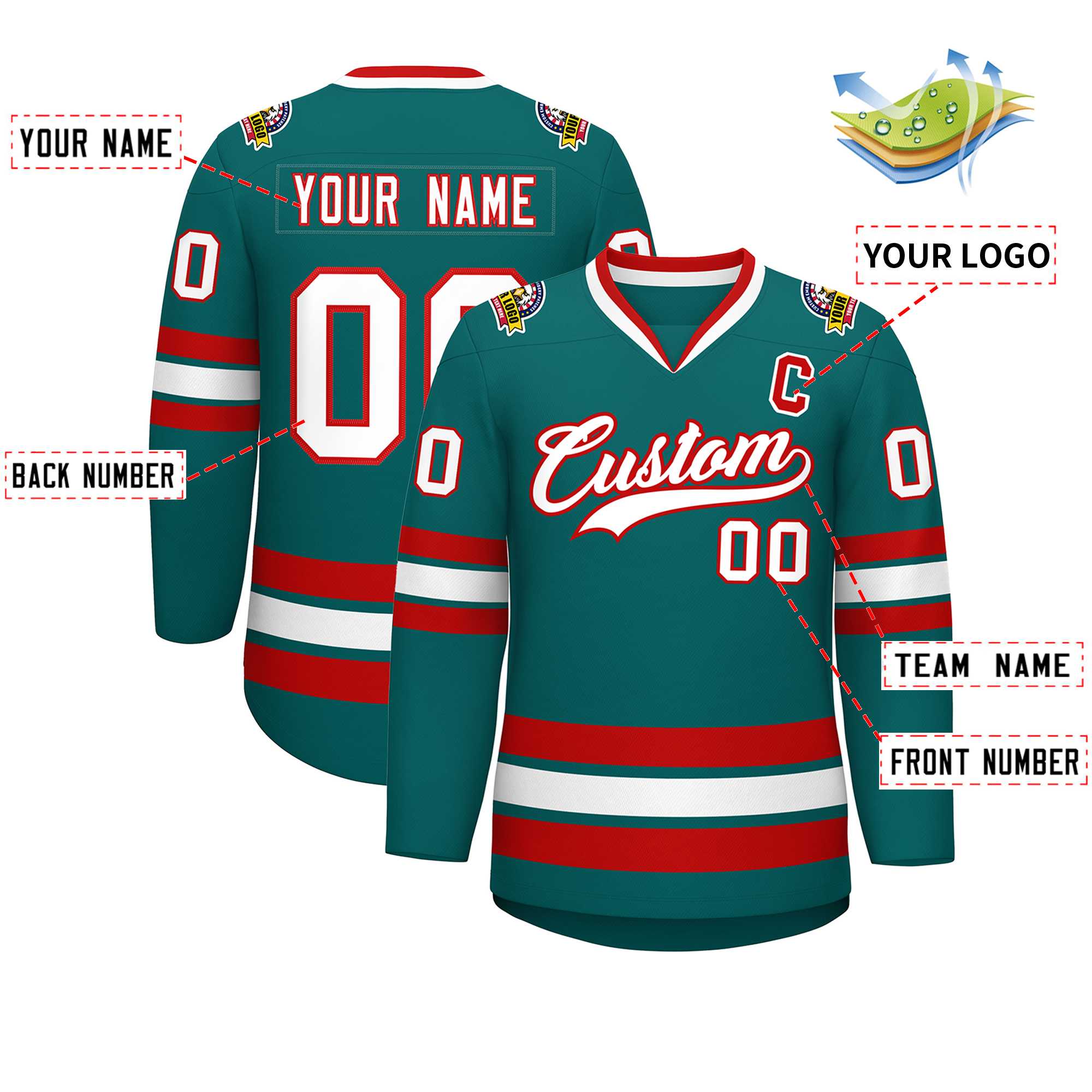 Maillot de hockey de style classique Aqua blanc-rouge personnalisé